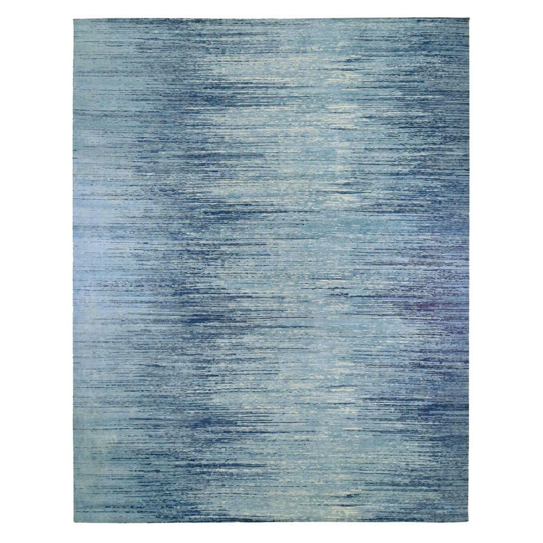14'1"x18' Oversized Blue Oceanic Pure Wool Horizontal Ombre Design Hand Knotted Oriental Rug HR66847