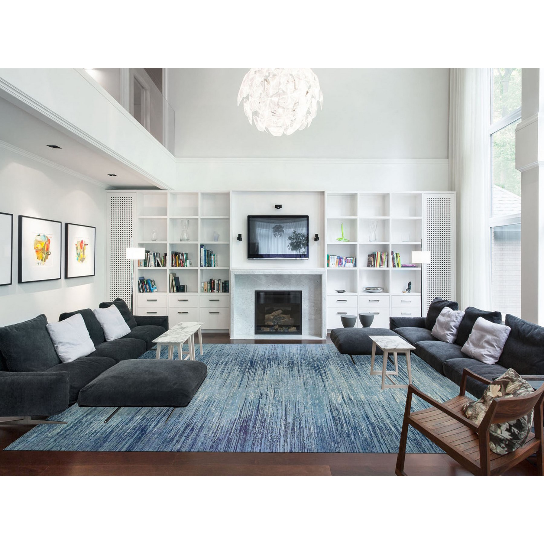 14'1"x18' Oversized Blue Oceanic Pure Wool Horizontal Ombre Design Hand Knotted Oriental Rug HR66847 - Image 2