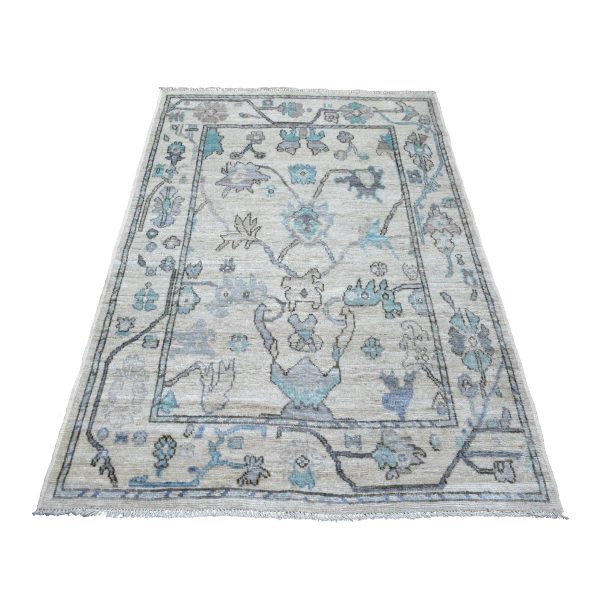 4'1"x5'10" Beige, Afghan Angora Oushak with All Over Design, Hand Knotted, Pure Wool, Natural Dyes Oriental Rug HR71464
