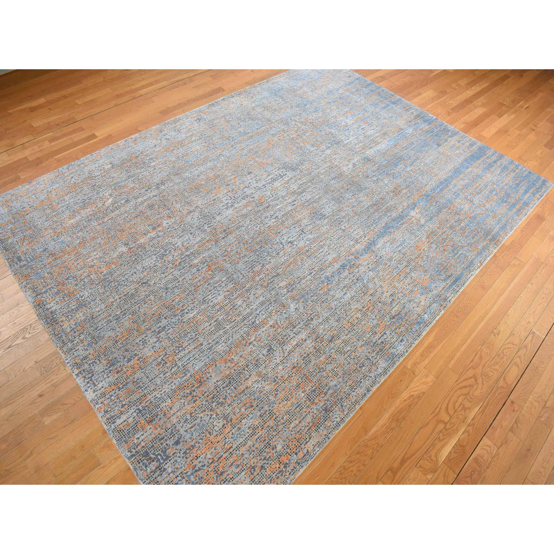 8'10"x12'2" Sky Blue, Vertical Ombre Design, Silk with Textured Wool, Hand Knotted, Oriental Rug HR78142 - Image 4