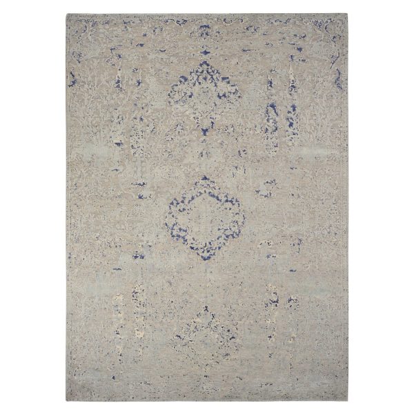 8'9"x12'1" Alice Blue, Broken and Erased Medallion Design, Silk with Textured Wool, Hand Knotted, Oriental Rug HR78158