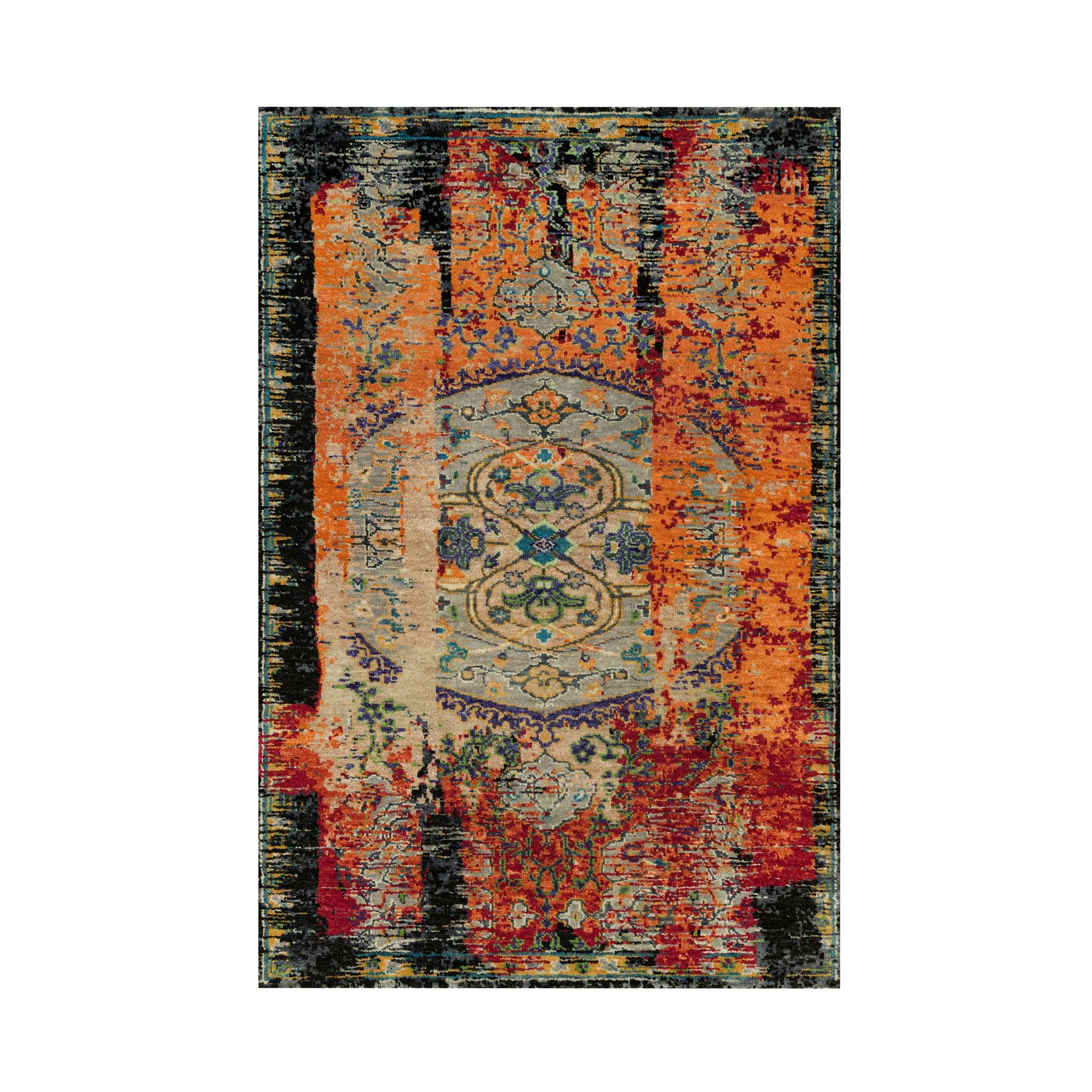3'2"x5'1" Coral Rose Red with Asphalt Black, Hand Knotted, Ancient Ghazni Wool Ottoman Erased Design, Oriental Rug HR90228