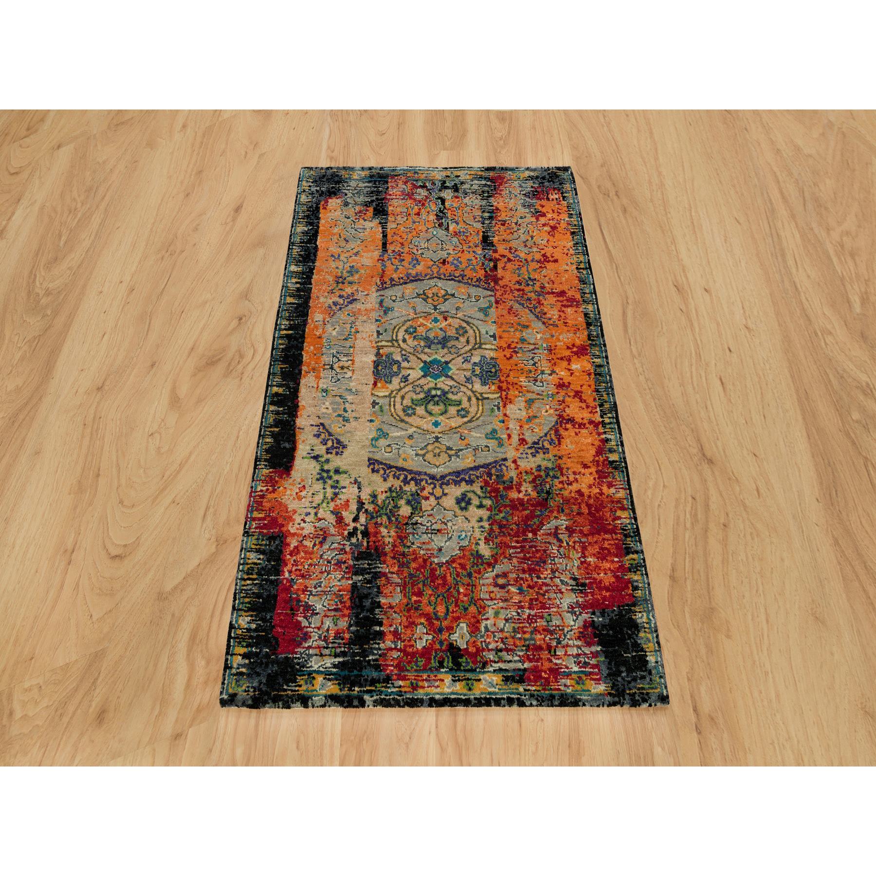 3'2"x5'1" Coral Rose Red with Asphalt Black, Hand Knotted, Ancient Ghazni Wool Ottoman Erased Design, Oriental Rug HR90228 - Image 2