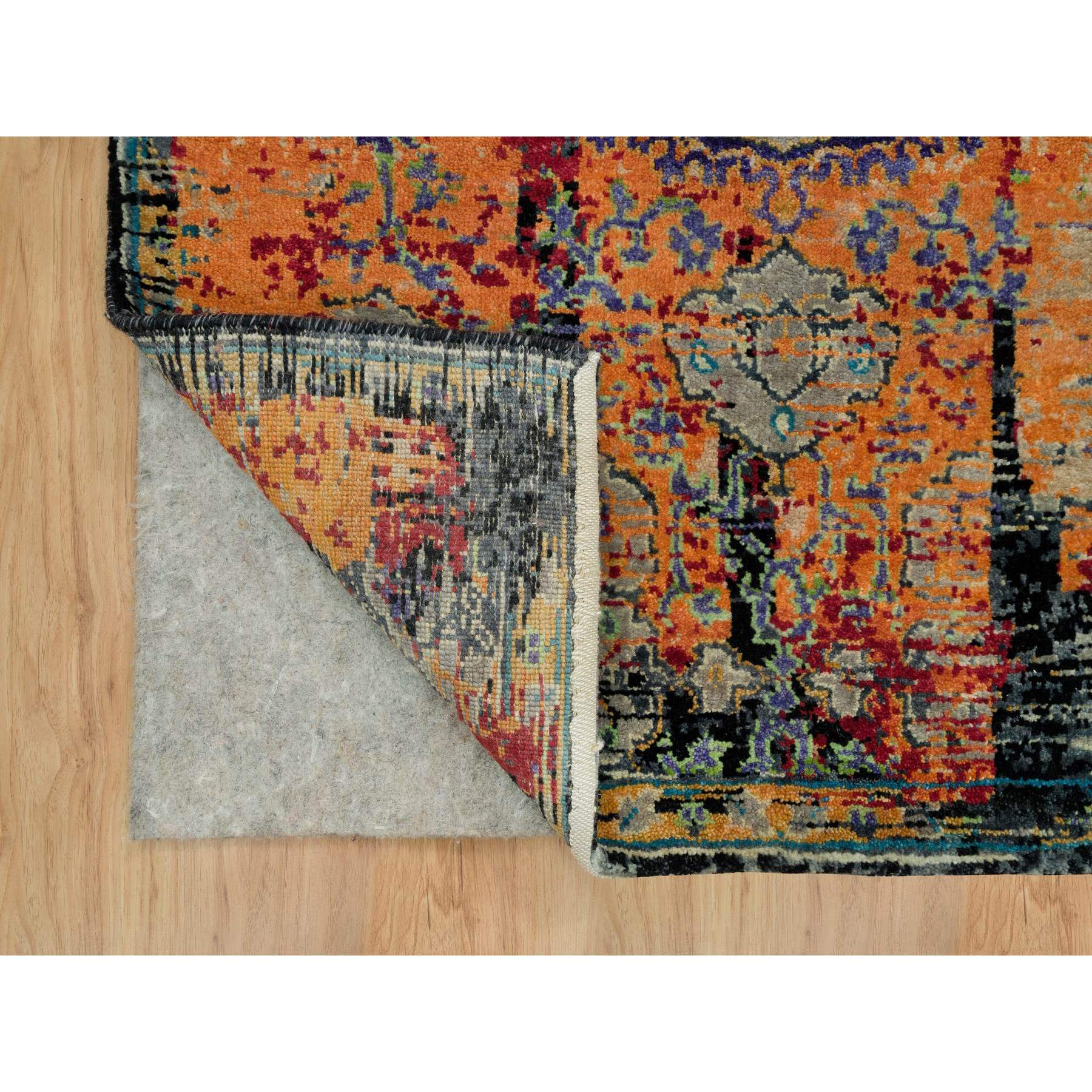 3'2"x5'1" Coral Rose Red with Asphalt Black, Hand Knotted, Ancient Ghazni Wool Ottoman Erased Design, Oriental Rug HR90228 - Image 3