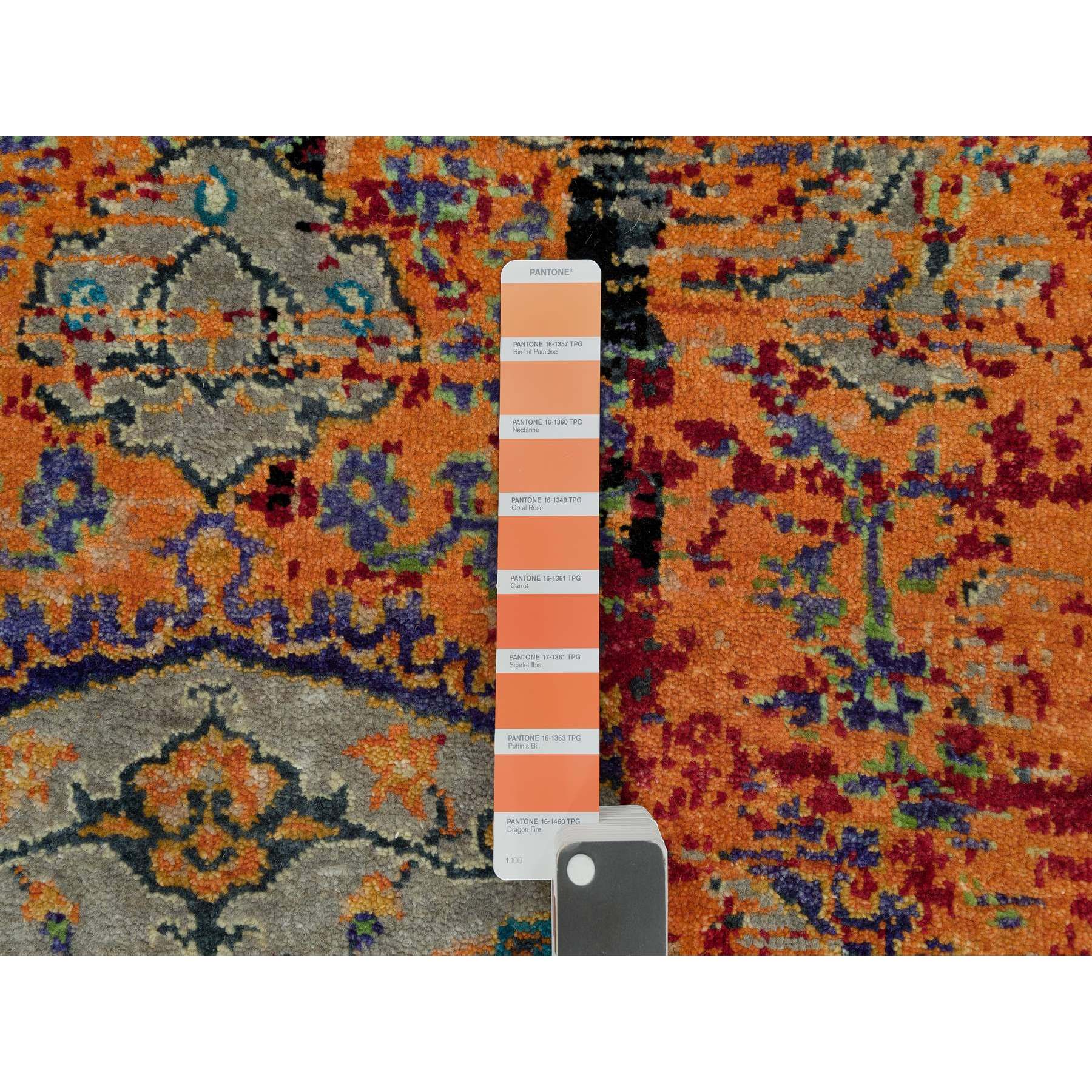 3'2"x5'1" Coral Rose Red with Asphalt Black, Hand Knotted, Ancient Ghazni Wool Ottoman Erased Design, Oriental Rug HR90228 - Image 4