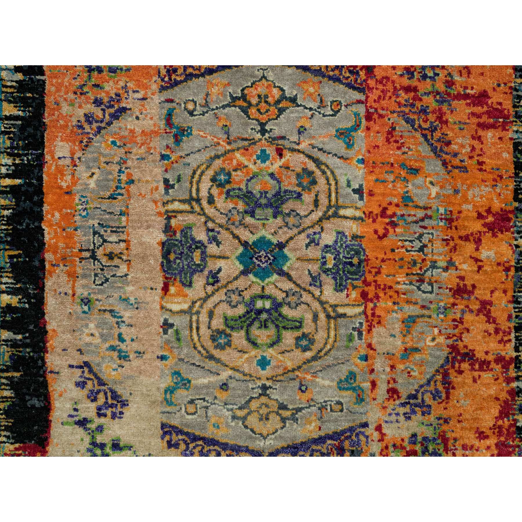 3'2"x5'1" Coral Rose Red with Asphalt Black, Hand Knotted, Ancient Ghazni Wool Ottoman Erased Design, Oriental Rug HR90228 - Image 5