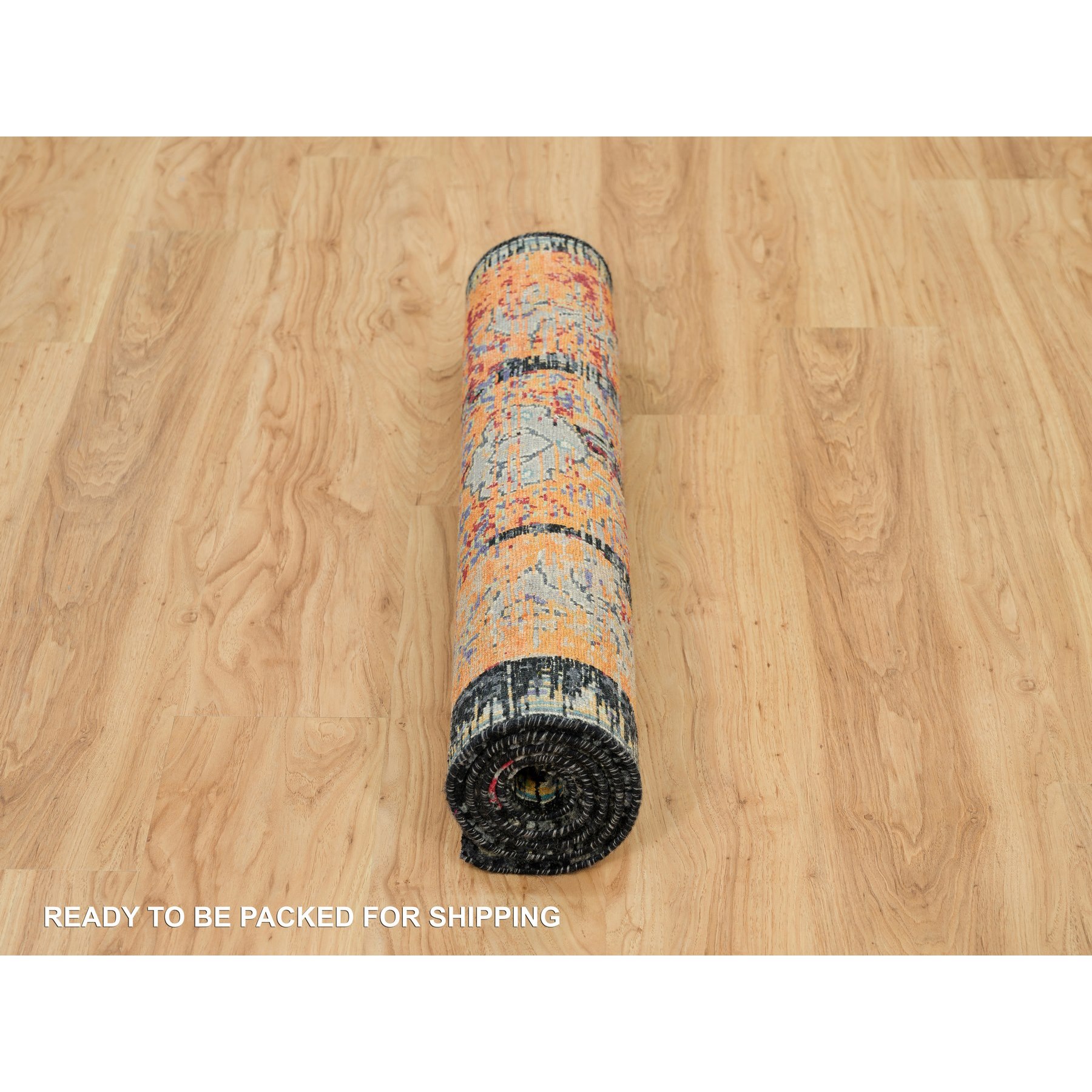 3'2"x5'1" Coral Rose Red with Asphalt Black, Hand Knotted, Ancient Ghazni Wool Ottoman Erased Design, Oriental Rug HR90228 - Image 6