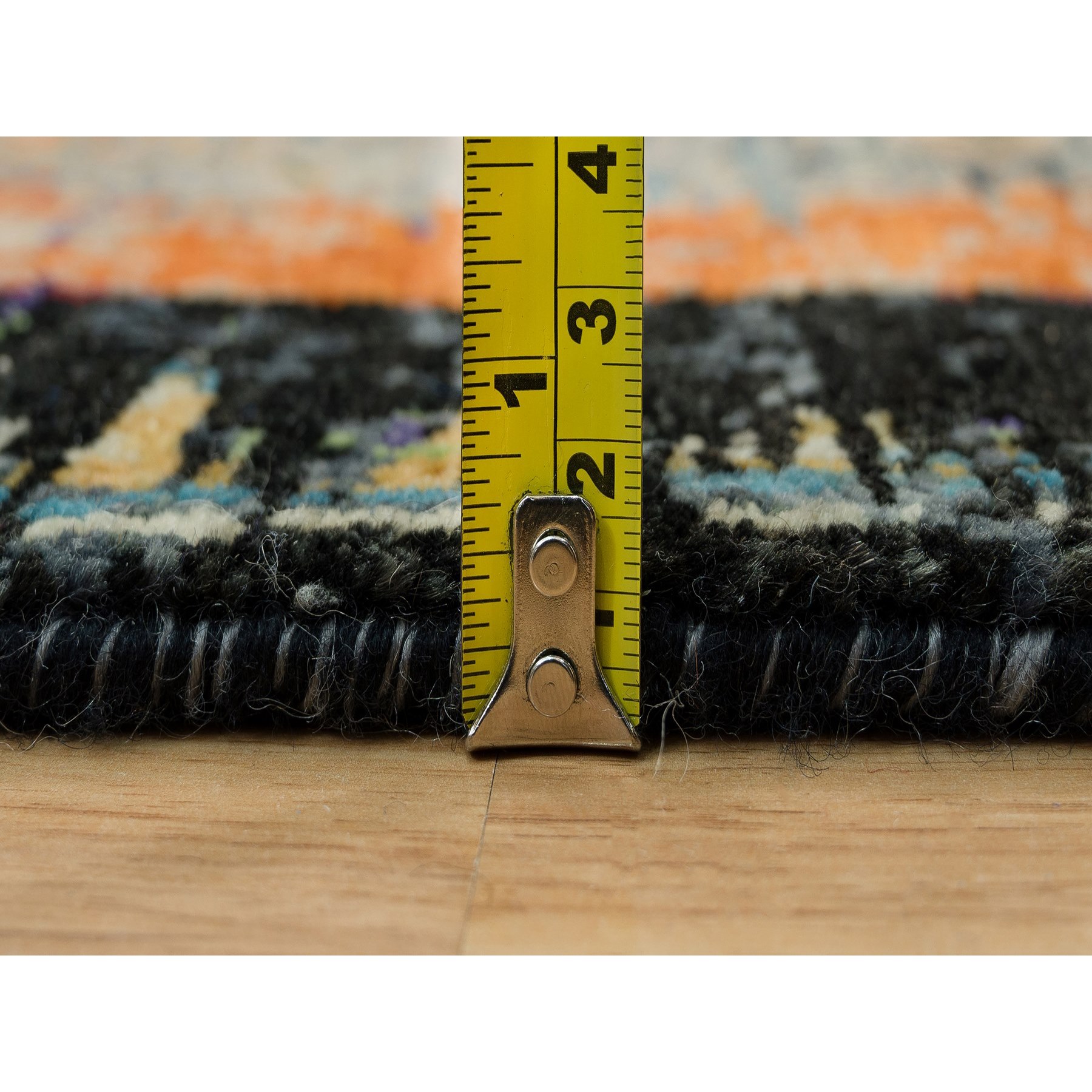 3'2"x5'1" Coral Rose Red with Asphalt Black, Hand Knotted, Ancient Ghazni Wool Ottoman Erased Design, Oriental Rug HR90228 - Image 7