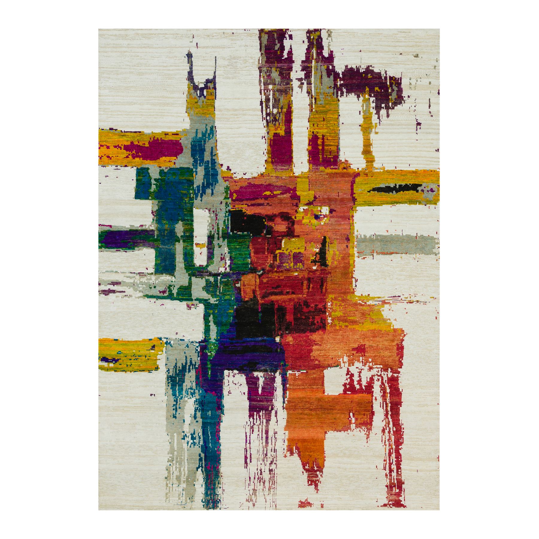 6'1"x9' Sandstone Ivory, Hand Knotted Modern Abstract Motifs Painter's Brush Strokes, Wool and Sari Silk, Oriental Rug HR90234