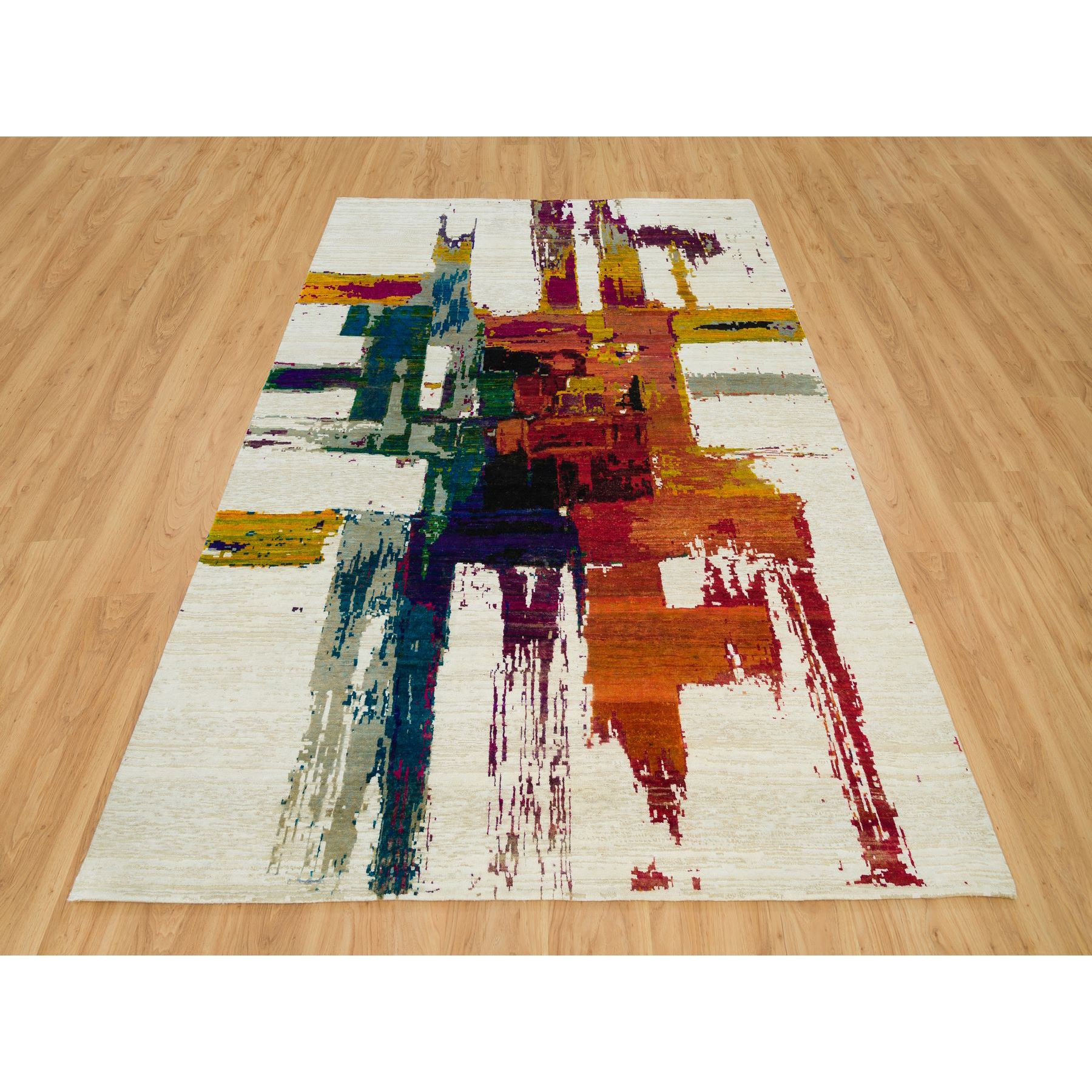 6'1"x9' Sandstone Ivory, Hand Knotted Modern Abstract Motifs Painter's Brush Strokes, Wool and Sari Silk, Oriental Rug HR90234 - Image 2