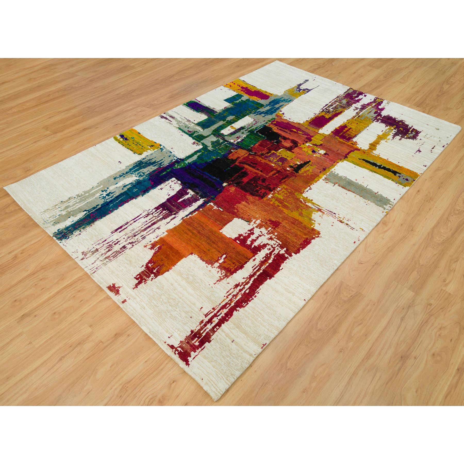 6'1"x9' Sandstone Ivory, Hand Knotted Modern Abstract Motifs Painter's Brush Strokes, Wool and Sari Silk, Oriental Rug HR90234 - Image 3
