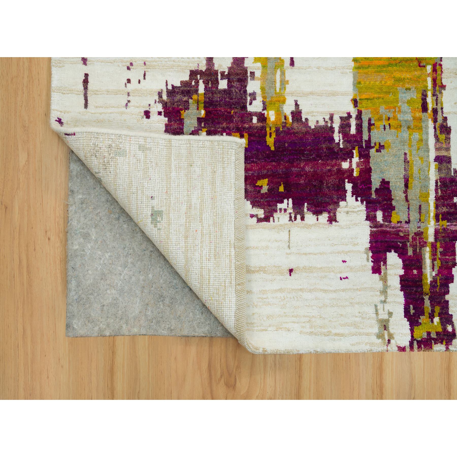 6'1"x9' Sandstone Ivory, Hand Knotted Modern Abstract Motifs Painter's Brush Strokes, Wool and Sari Silk, Oriental Rug HR90234 - Image 4