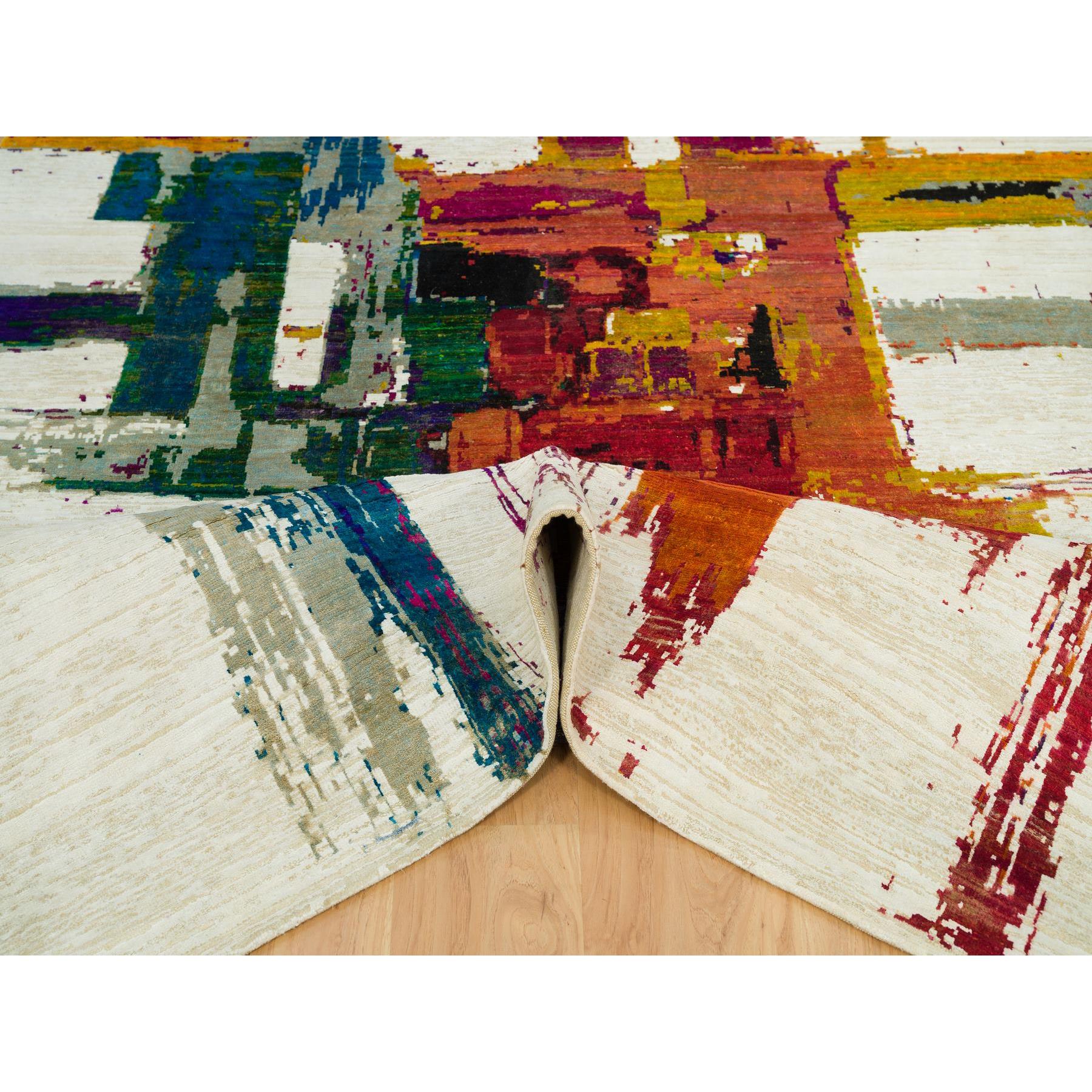6'1"x9' Sandstone Ivory, Hand Knotted Modern Abstract Motifs Painter's Brush Strokes, Wool and Sari Silk, Oriental Rug HR90234 - Image 5