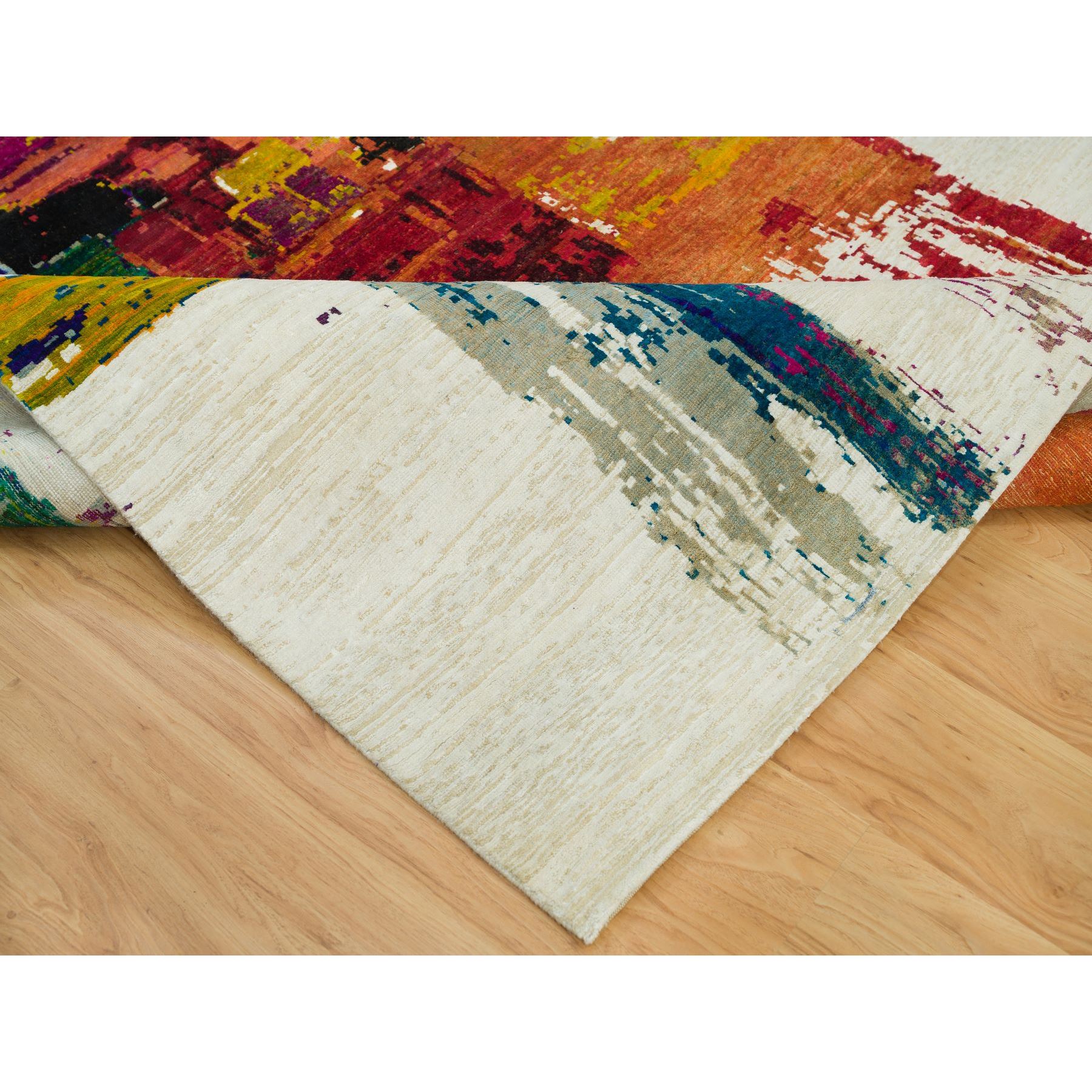 6'1"x9' Sandstone Ivory, Hand Knotted Modern Abstract Motifs Painter's Brush Strokes, Wool and Sari Silk, Oriental Rug HR90234 - Image 6