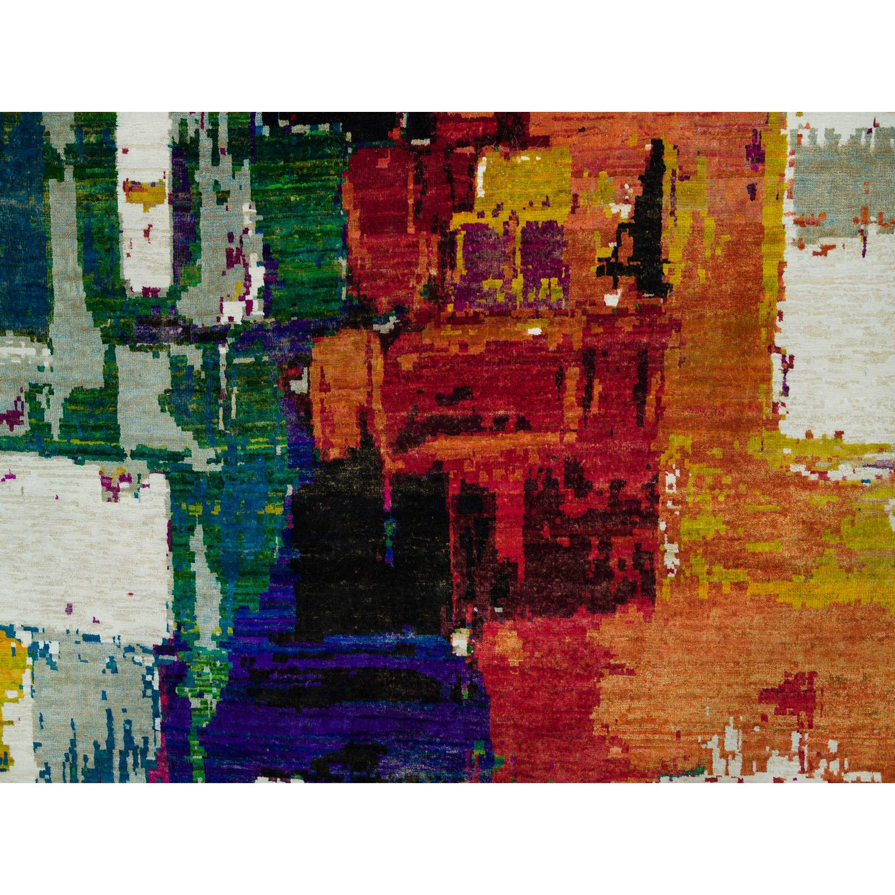 6'1"x9' Sandstone Ivory, Hand Knotted Modern Abstract Motifs Painter's Brush Strokes, Wool and Sari Silk, Oriental Rug HR90234 - Image 8