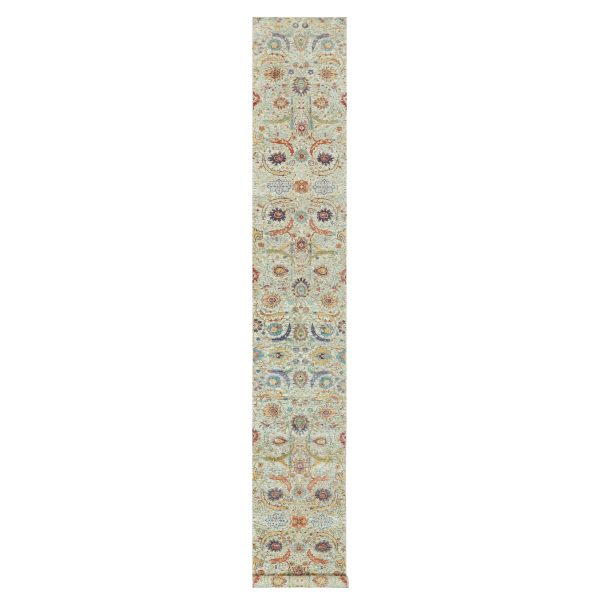 2'7"x18' Wimborne White, Densely Woven, Soft and Plush Pile, Hand Knotted With Sickle Leaf Design, Silk With Textured Wool, Oriental XL Runner Rug HR90681