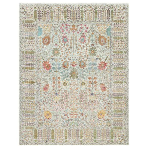 4'1"x12' Gardenia White, Hand Knotted Densely Woven, Silk With Textured Wool, Directional Vase Design, Lush and Plush, Soft Pile, Oriental Rug HR90687