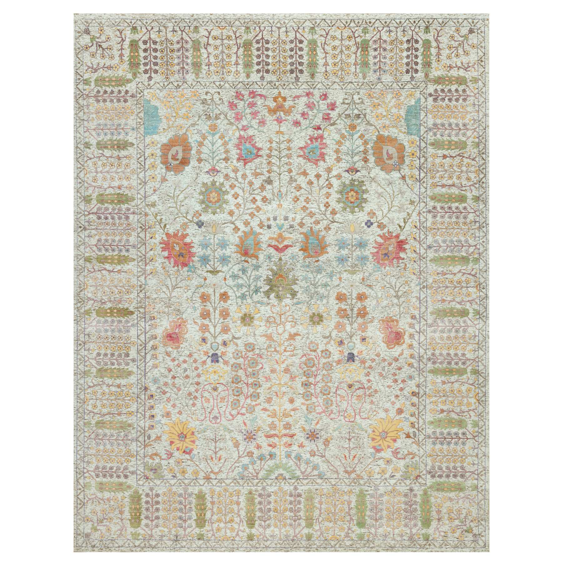 4'1"x12' Gardenia White, Hand Knotted Densely Woven, Silk With Textured Wool, Directional Vase Design, Lush and Plush, Soft Pile, Oriental Rug HR90687