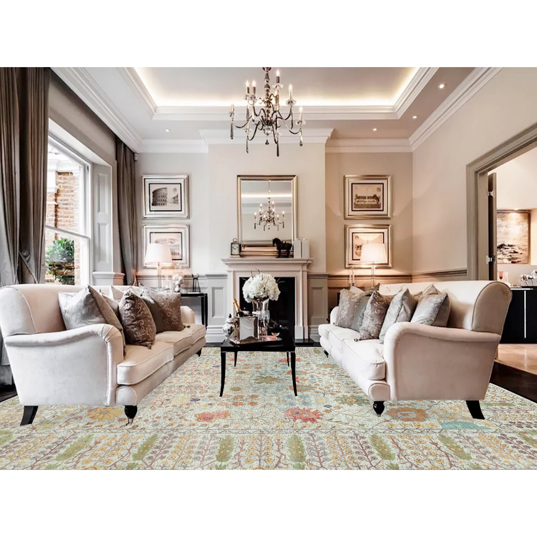 4'1"x12' Gardenia White, Hand Knotted Densely Woven, Silk With Textured Wool, Directional Vase Design, Lush and Plush, Soft Pile, Oriental Rug HR90687 - Image 2