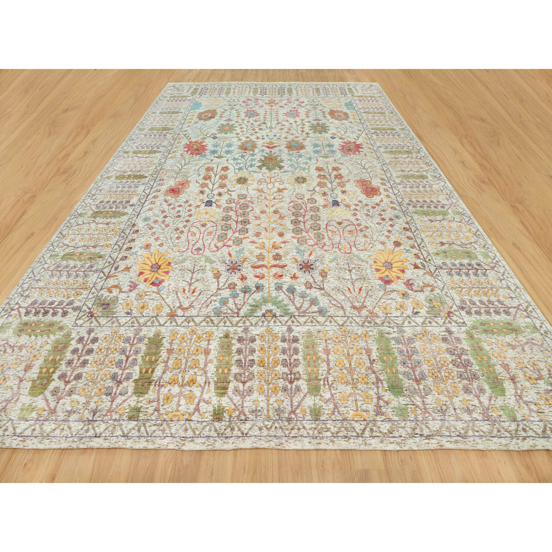 4'1"x12' Gardenia White, Hand Knotted Densely Woven, Silk With Textured Wool, Directional Vase Design, Lush and Plush, Soft Pile, Oriental Rug HR90687 - Image 3