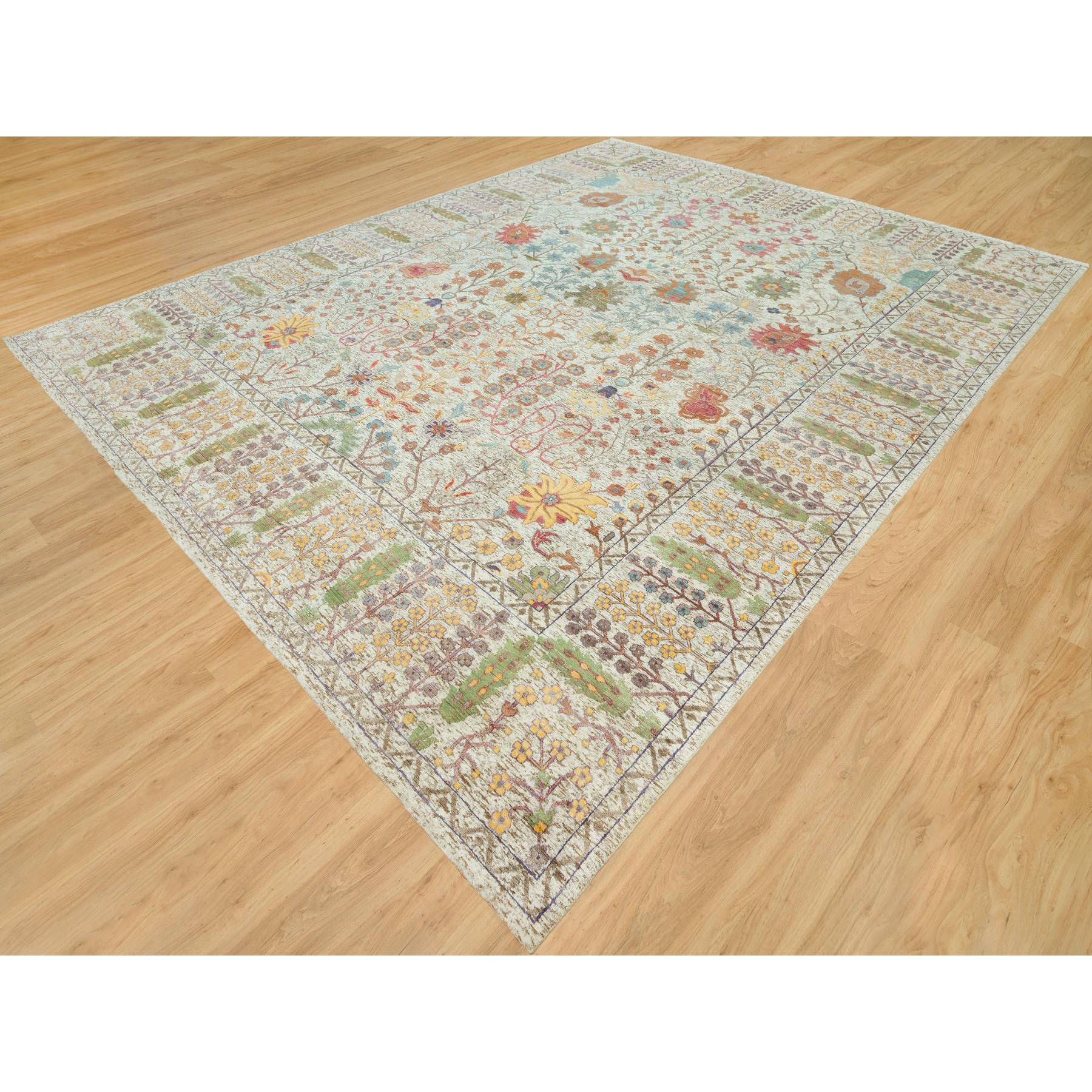 4'1"x12' Gardenia White, Hand Knotted Densely Woven, Silk With Textured Wool, Directional Vase Design, Lush and Plush, Soft Pile, Oriental Rug HR90687 - Image 4