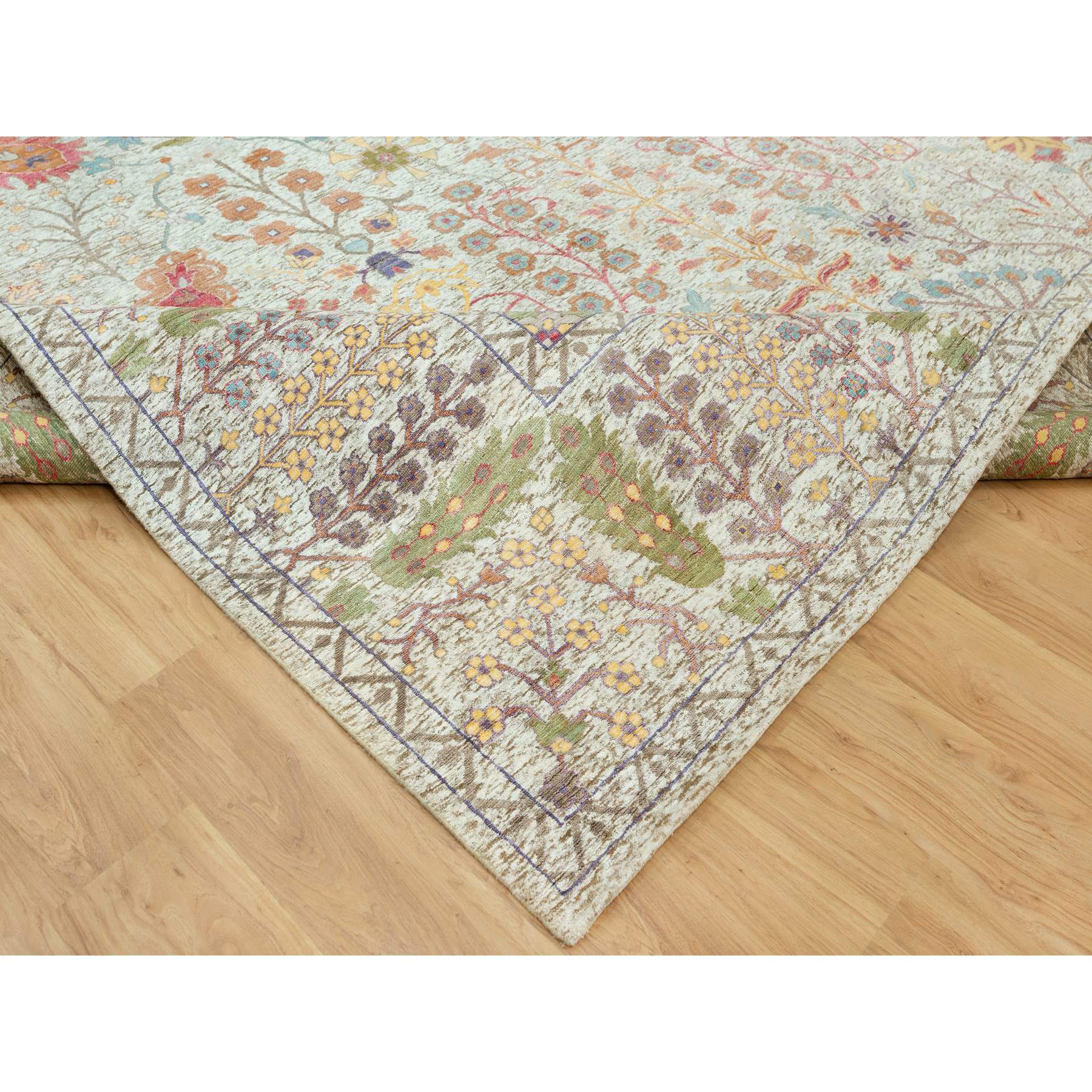 4'1"x12' Gardenia White, Hand Knotted Densely Woven, Silk With Textured Wool, Directional Vase Design, Lush and Plush, Soft Pile, Oriental Rug HR90687 - Image 7