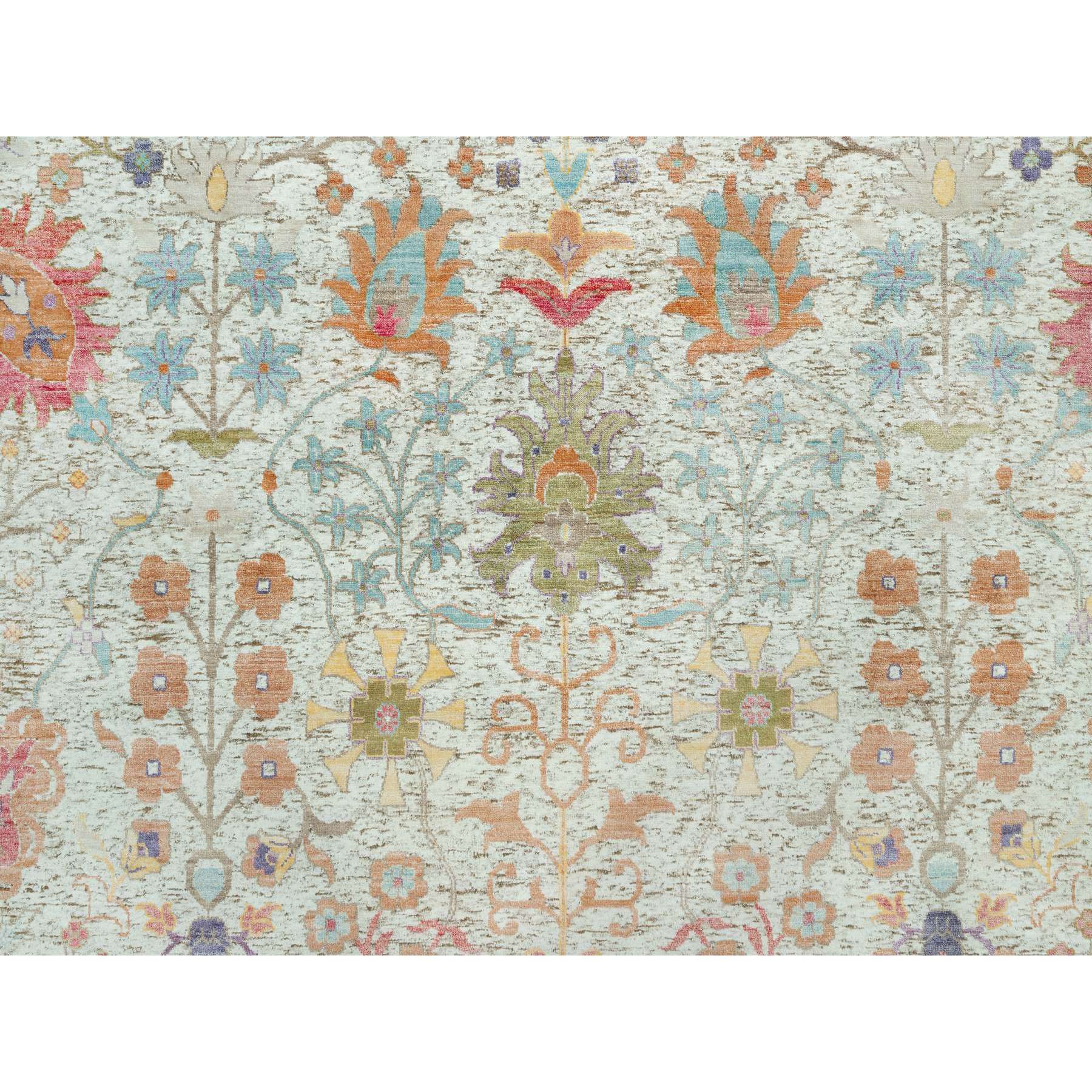 4'1"x12' Gardenia White, Hand Knotted Densely Woven, Silk With Textured Wool, Directional Vase Design, Lush and Plush, Soft Pile, Oriental Rug HR90687 - Image 9