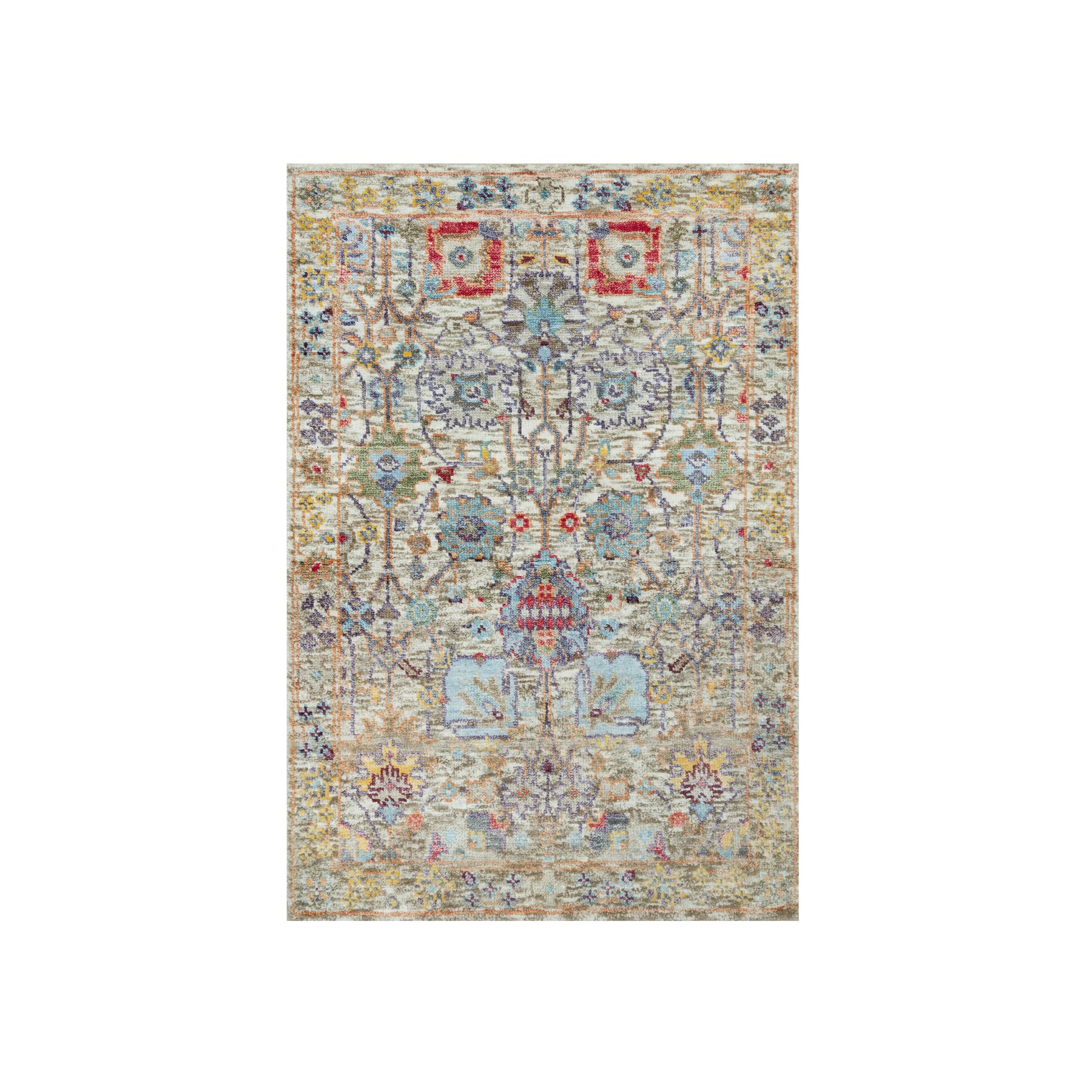 2'x3' Ivory Lace, Tabriz Vase With Flower Design, Hand Knotted Colorful Silk With Textured Wool, Denser Weave, Plush and Lush Soft Pile, Oriental Mat Rug HR90694