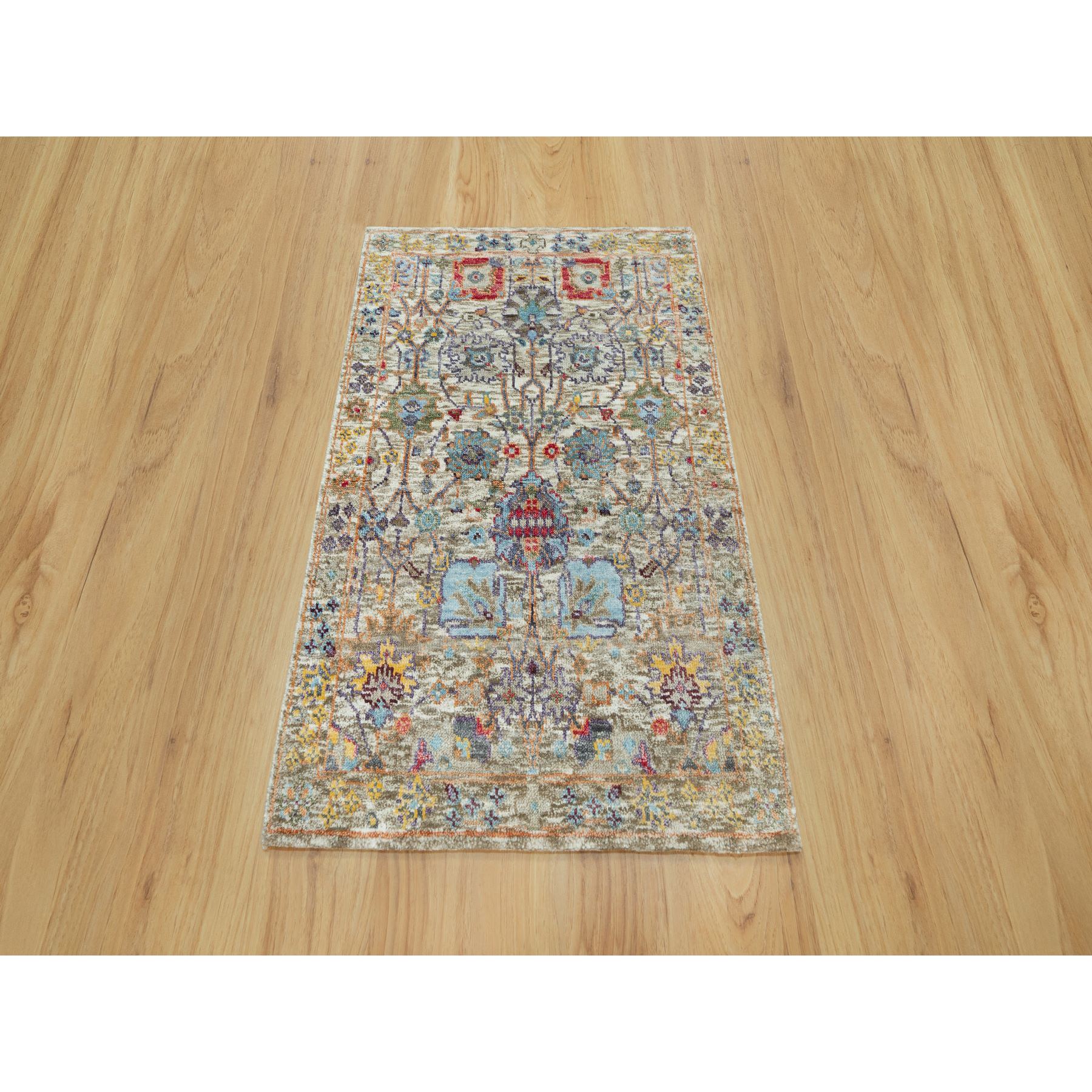 2'x3' Ivory Lace, Tabriz Vase With Flower Design, Hand Knotted Colorful Silk With Textured Wool, Denser Weave, Plush and Lush Soft Pile, Oriental Mat Rug HR90694 - Image 2