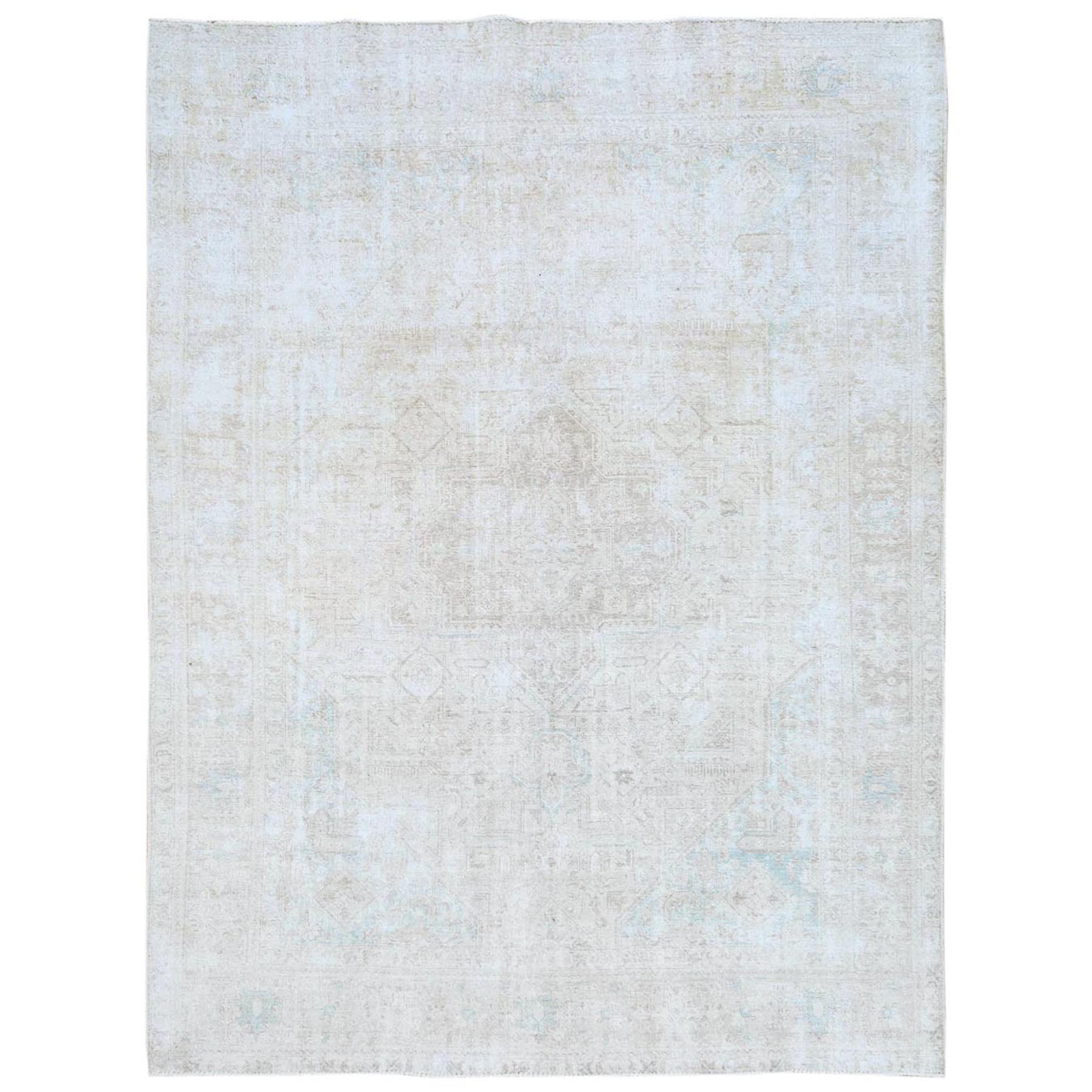 8'1"x10'9" Beige Shabby Chic Vintage Persian Tabriz Hand Knotted Worn Wool, Cropped Thin, Distressed Look Oriental Rug HR81285