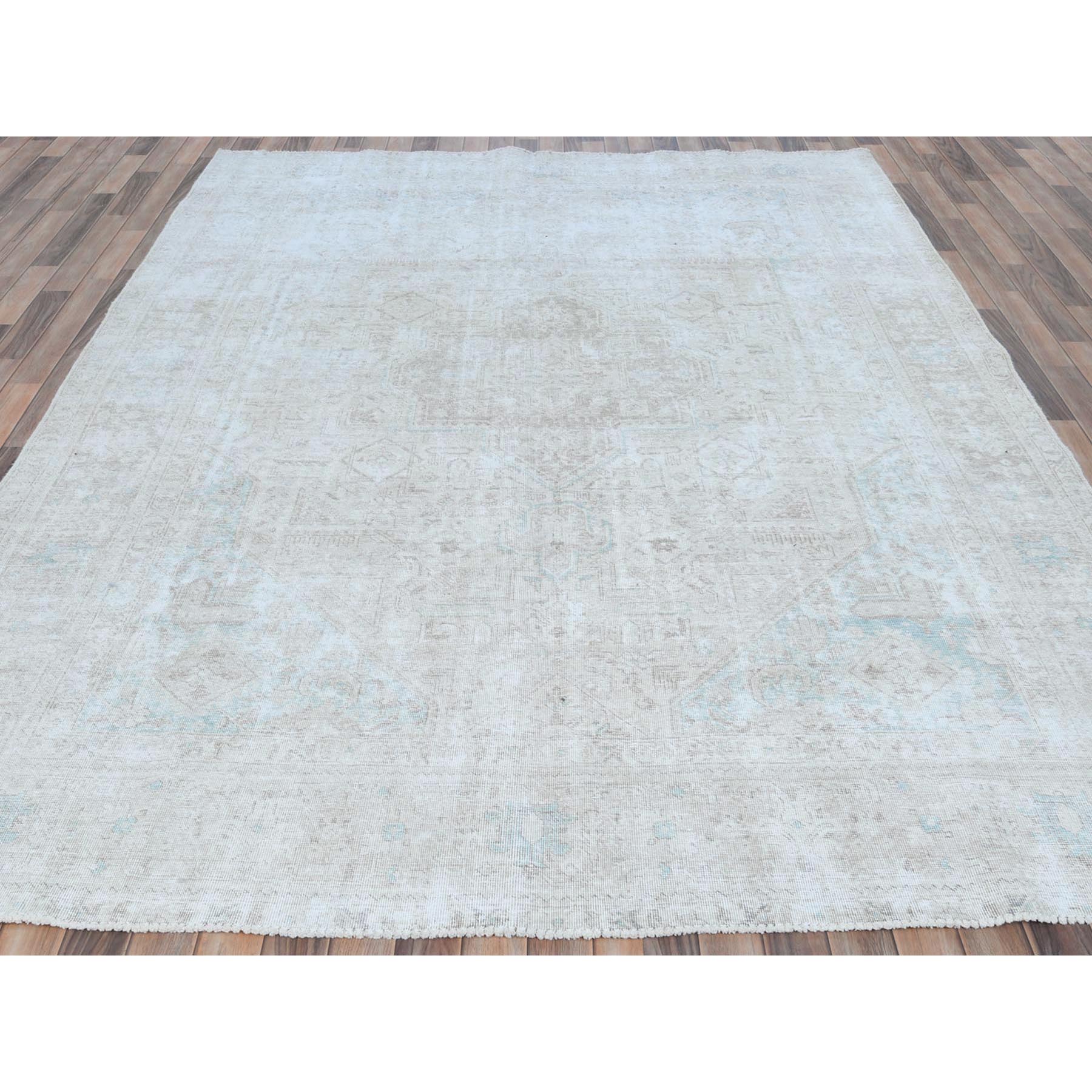 8'1"x10'9" Beige Shabby Chic Vintage Persian Tabriz Hand Knotted Worn Wool, Cropped Thin, Distressed Look Oriental Rug HR81285 - Image 3