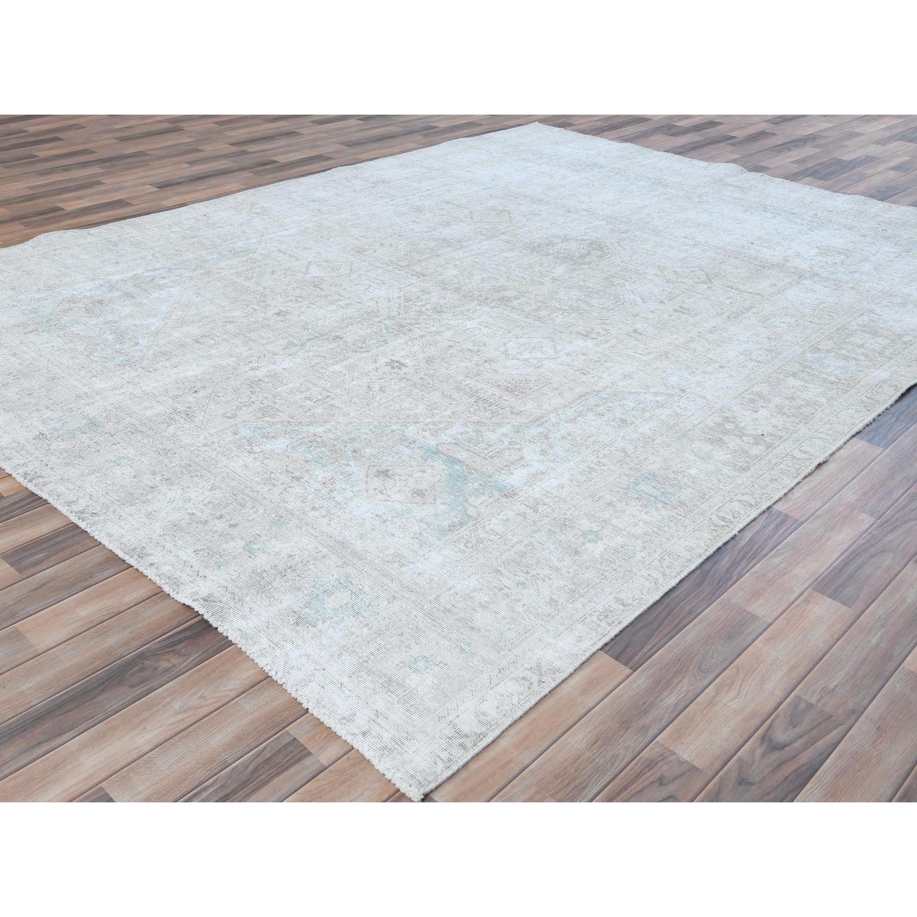 8'1"x10'9" Beige Shabby Chic Vintage Persian Tabriz Hand Knotted Worn Wool, Cropped Thin, Distressed Look Oriental Rug HR81285 - Image 4