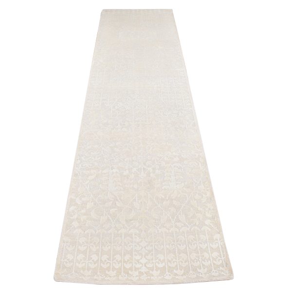 2'6"x8'3" Bone Ivory, Vine Design, Hand Knotted, Tone on Tone, Pure Silk with Textured Wool, Runner Oriental Rug HR87294