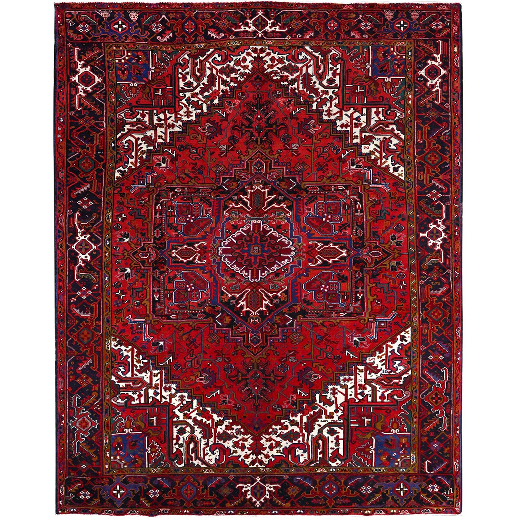 8'7"x10'10" Pomegranate Red, Hand Knotted Evenly Worn Pure Wool, Old Persian Heriz, Good condition, Sides and Ends Professionally Secured and Cleaned, Sheared Low, Oriental Rug HR100