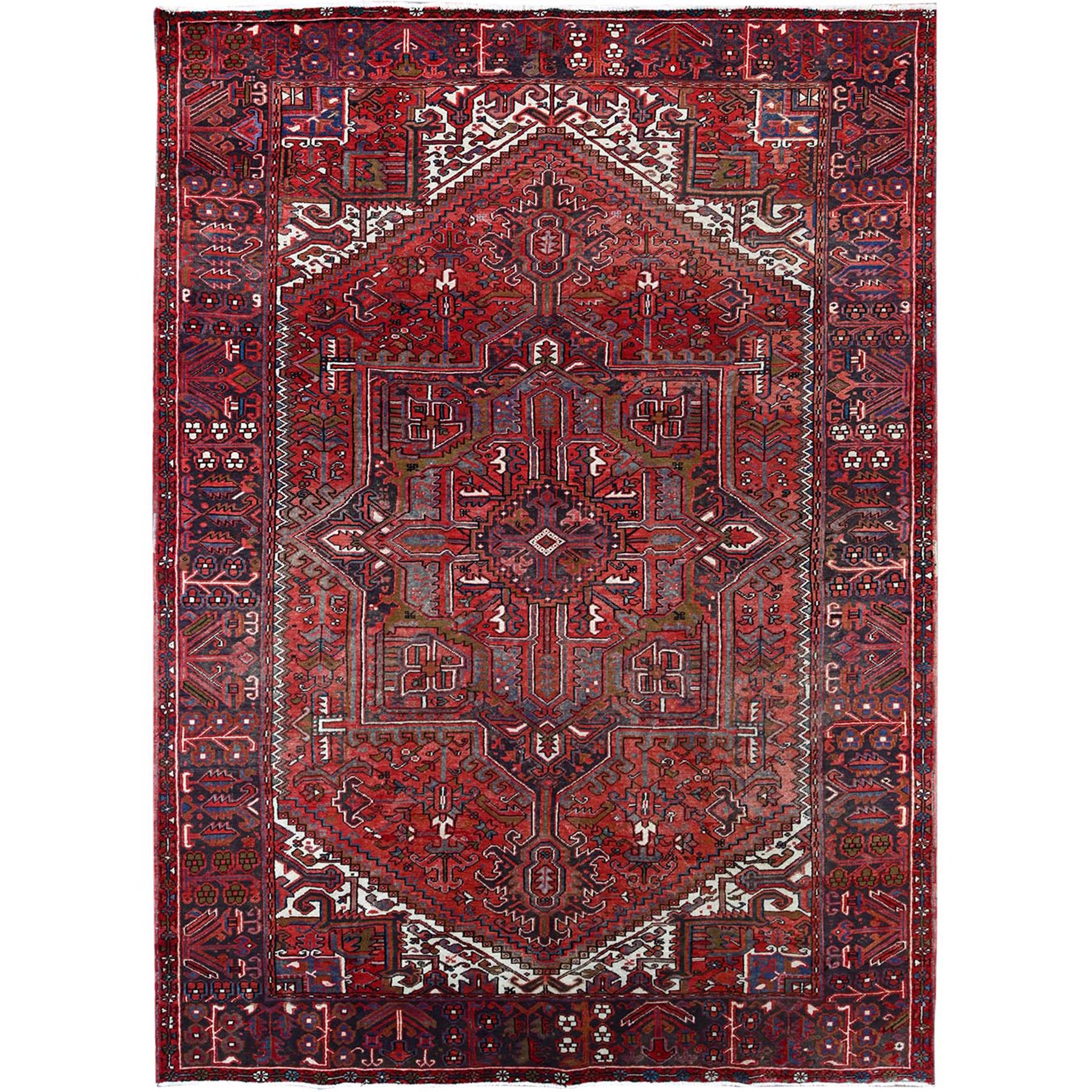 7'10"x11'4" Toreader Red, Hand Knotted, Good Condition, All Wool, Sides And Ends Secured Professionally, Cleaned, Evenly Worn, Vintage Persian Heriz Oriental Rug HR113