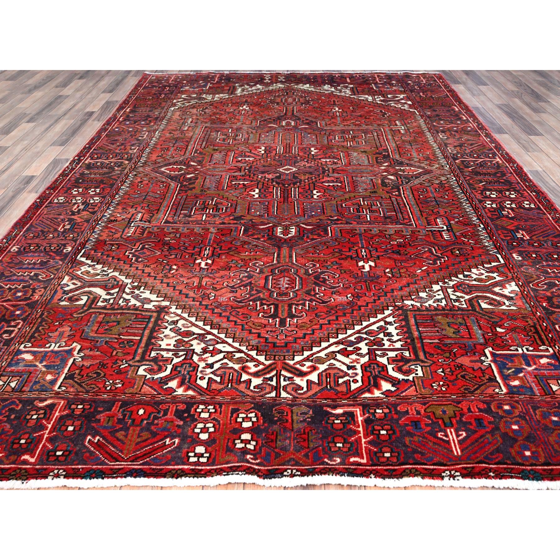 7'10"x11'4" Toreader Red, Hand Knotted, Good Condition, All Wool, Sides And Ends Secured Professionally, Cleaned, Evenly Worn, Vintage Persian Heriz Oriental Rug HR113 - Image 3