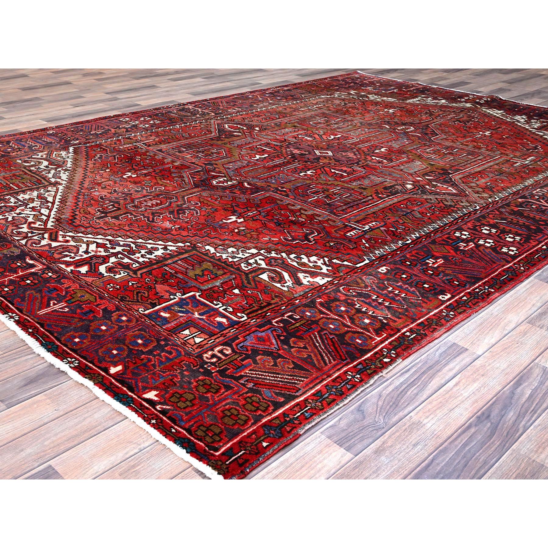 7'10"x11'4" Toreader Red, Hand Knotted, Good Condition, All Wool, Sides And Ends Secured Professionally, Cleaned, Evenly Worn, Vintage Persian Heriz Oriental Rug HR113 - Image 4