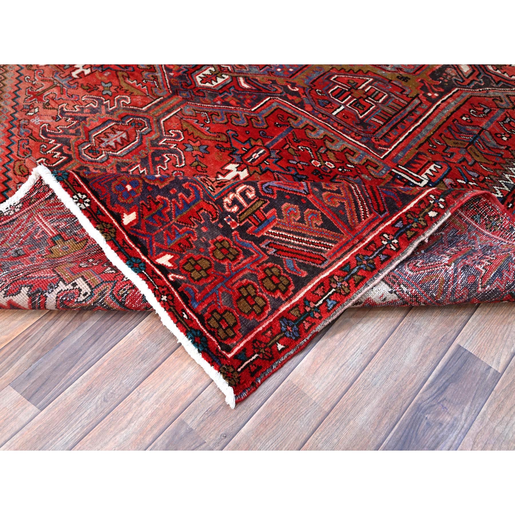 7'10"x11'4" Toreader Red, Hand Knotted, Good Condition, All Wool, Sides And Ends Secured Professionally, Cleaned, Evenly Worn, Vintage Persian Heriz Oriental Rug HR113 - Image 7