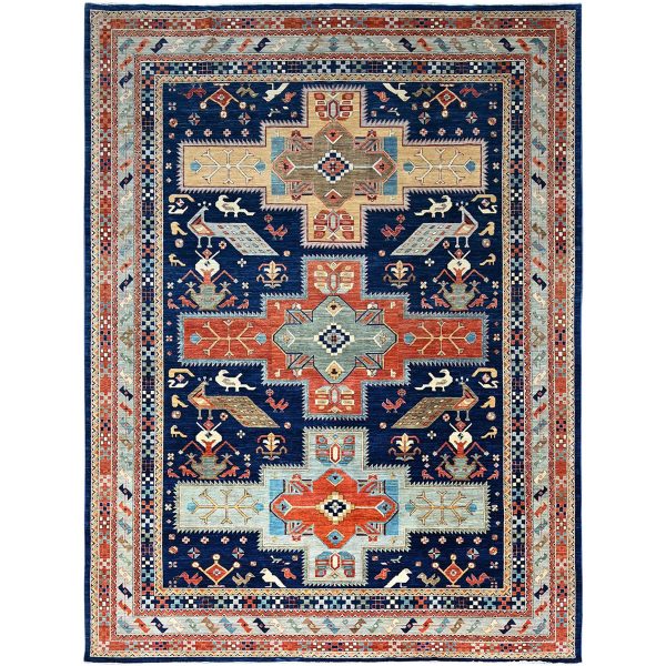 9'10"x13'7" Astros Navy Blue, Armenian Inspired Caucasian Design, 200 KPSI, Hand Knotted with Small Bird Figurines, Velvety Wool, Densely Woven Vegetable Dyes Oriental Rug HR144