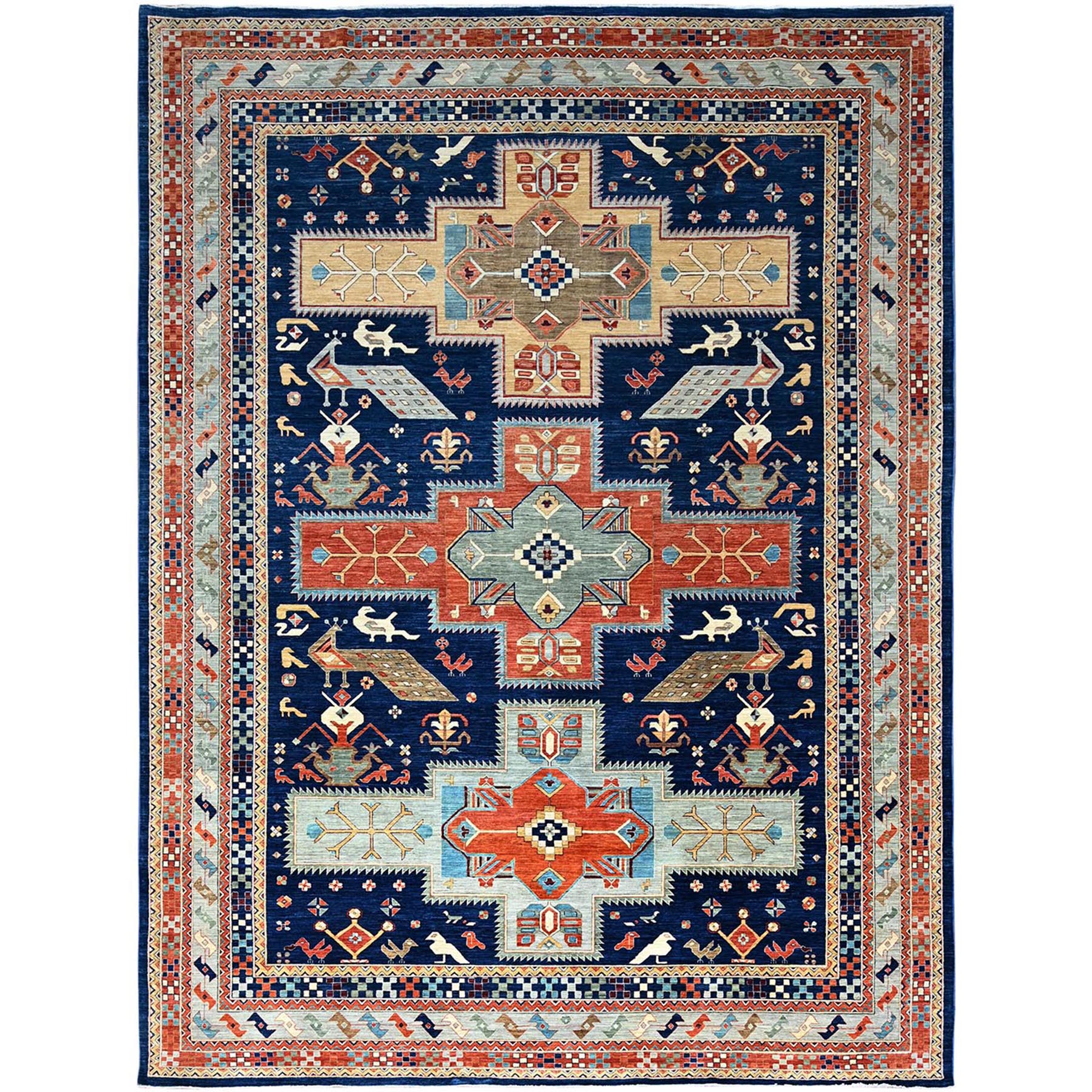 9'10"x13'7" Astros Navy Blue, Armenian Inspired Caucasian Design, 200 KPSI, Hand Knotted with Small Bird Figurines, Velvety Wool, Densely Woven Vegetable Dyes Oriental Rug HR144