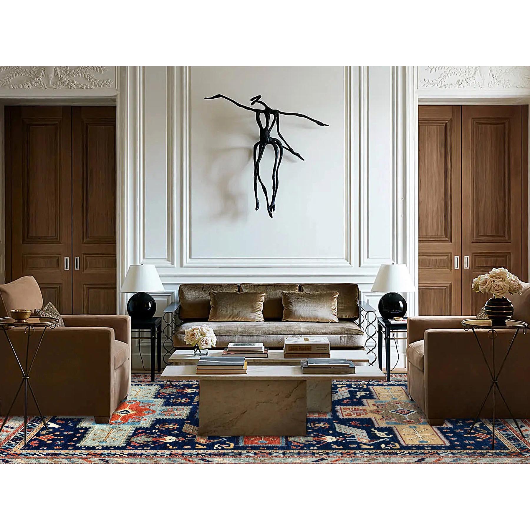 9'10"x13'7" Astros Navy Blue, Armenian Inspired Caucasian Design, 200 KPSI, Hand Knotted with Small Bird Figurines, Velvety Wool, Densely Woven Vegetable Dyes Oriental Rug HR144 - Image 2