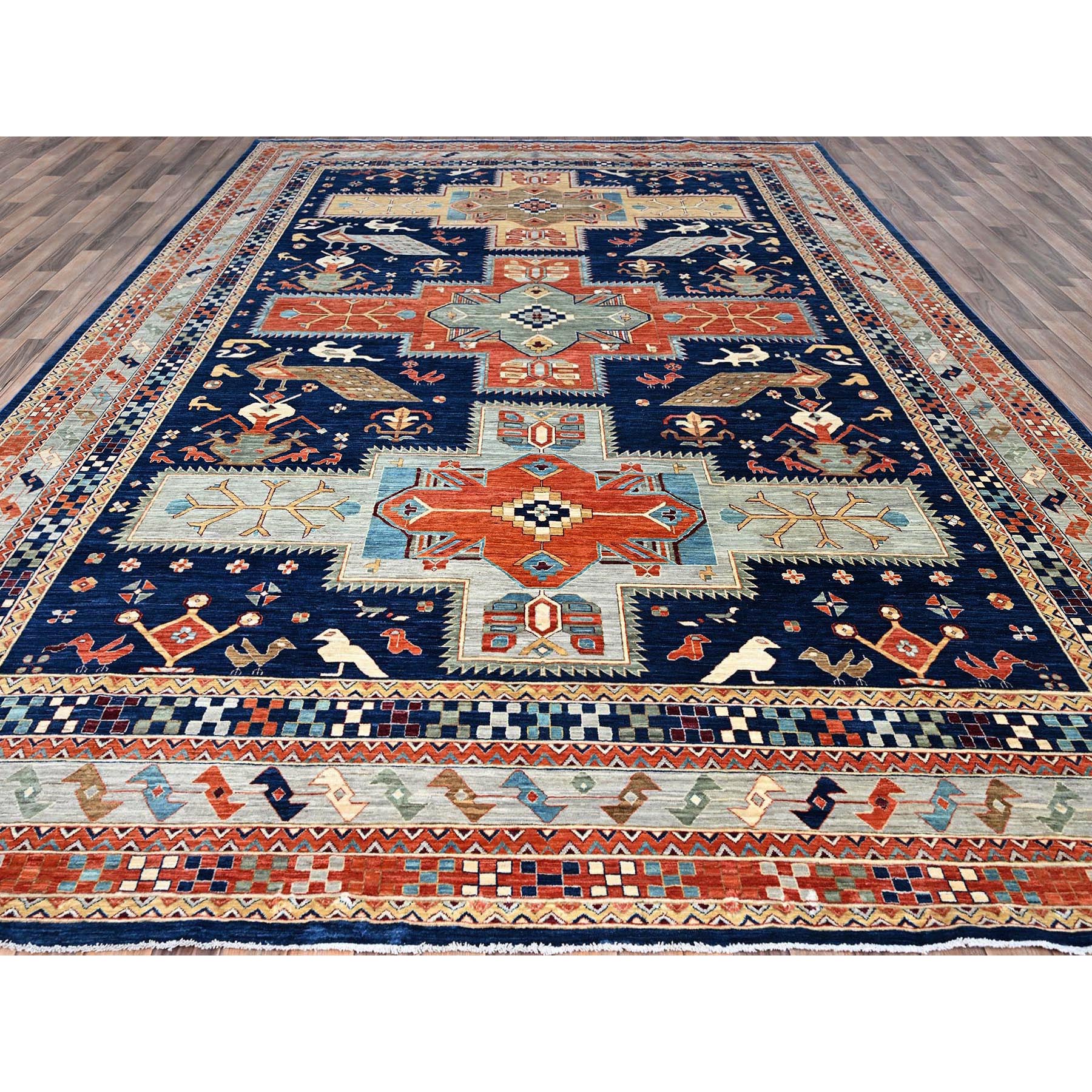 9'10"x13'7" Astros Navy Blue, Armenian Inspired Caucasian Design, 200 KPSI, Hand Knotted with Small Bird Figurines, Velvety Wool, Densely Woven Vegetable Dyes Oriental Rug HR144 - Image 3