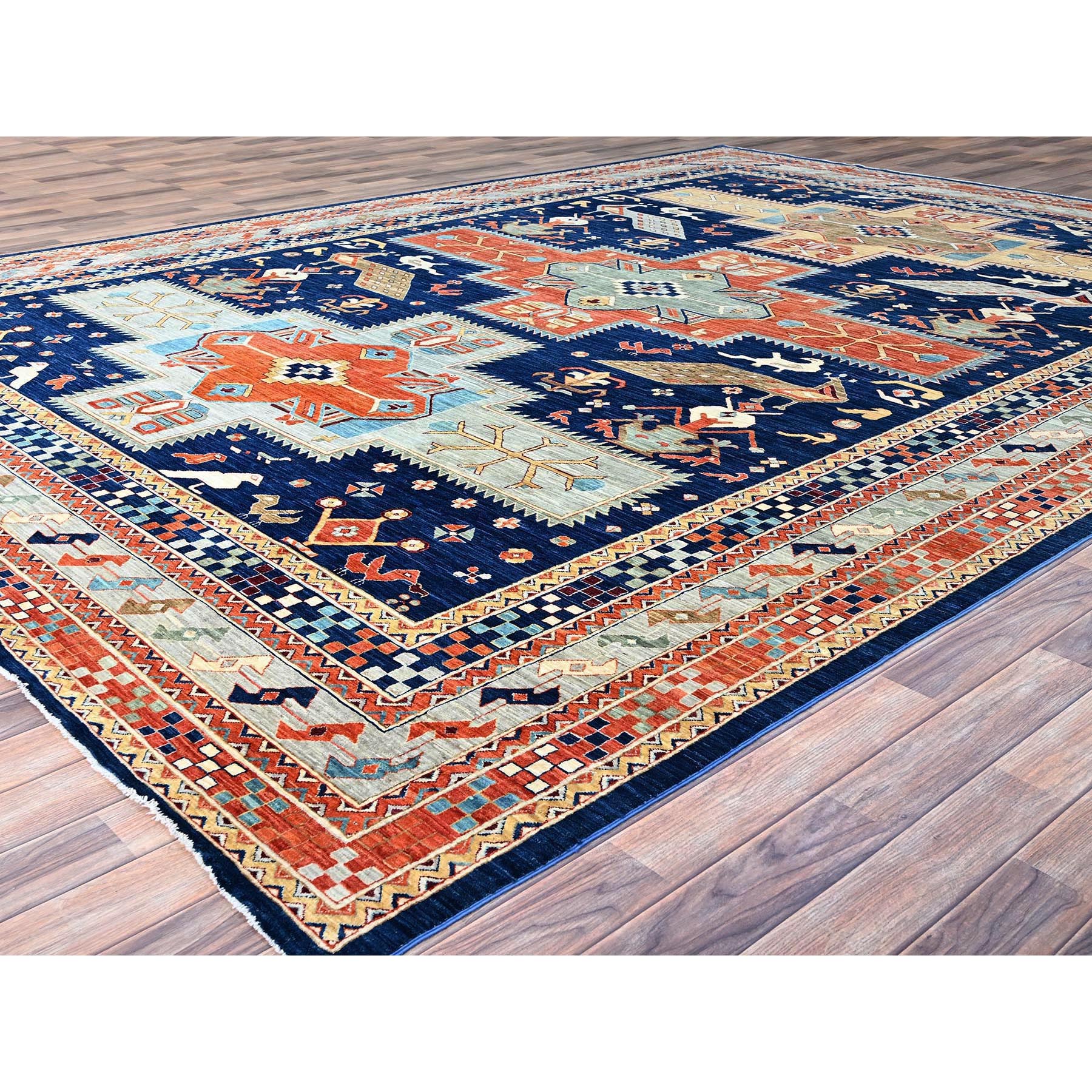 9'10"x13'7" Astros Navy Blue, Armenian Inspired Caucasian Design, 200 KPSI, Hand Knotted with Small Bird Figurines, Velvety Wool, Densely Woven Vegetable Dyes Oriental Rug HR144 - Image 4