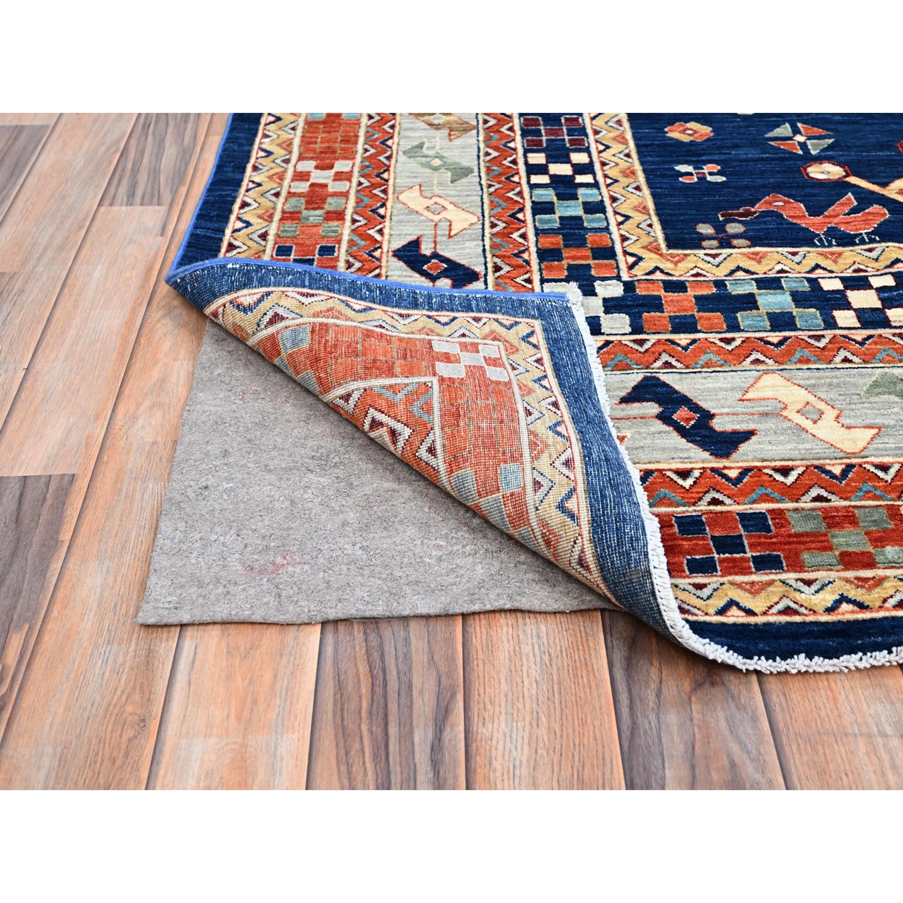 9'10"x13'7" Astros Navy Blue, Armenian Inspired Caucasian Design, 200 KPSI, Hand Knotted with Small Bird Figurines, Velvety Wool, Densely Woven Vegetable Dyes Oriental Rug HR144 - Image 5