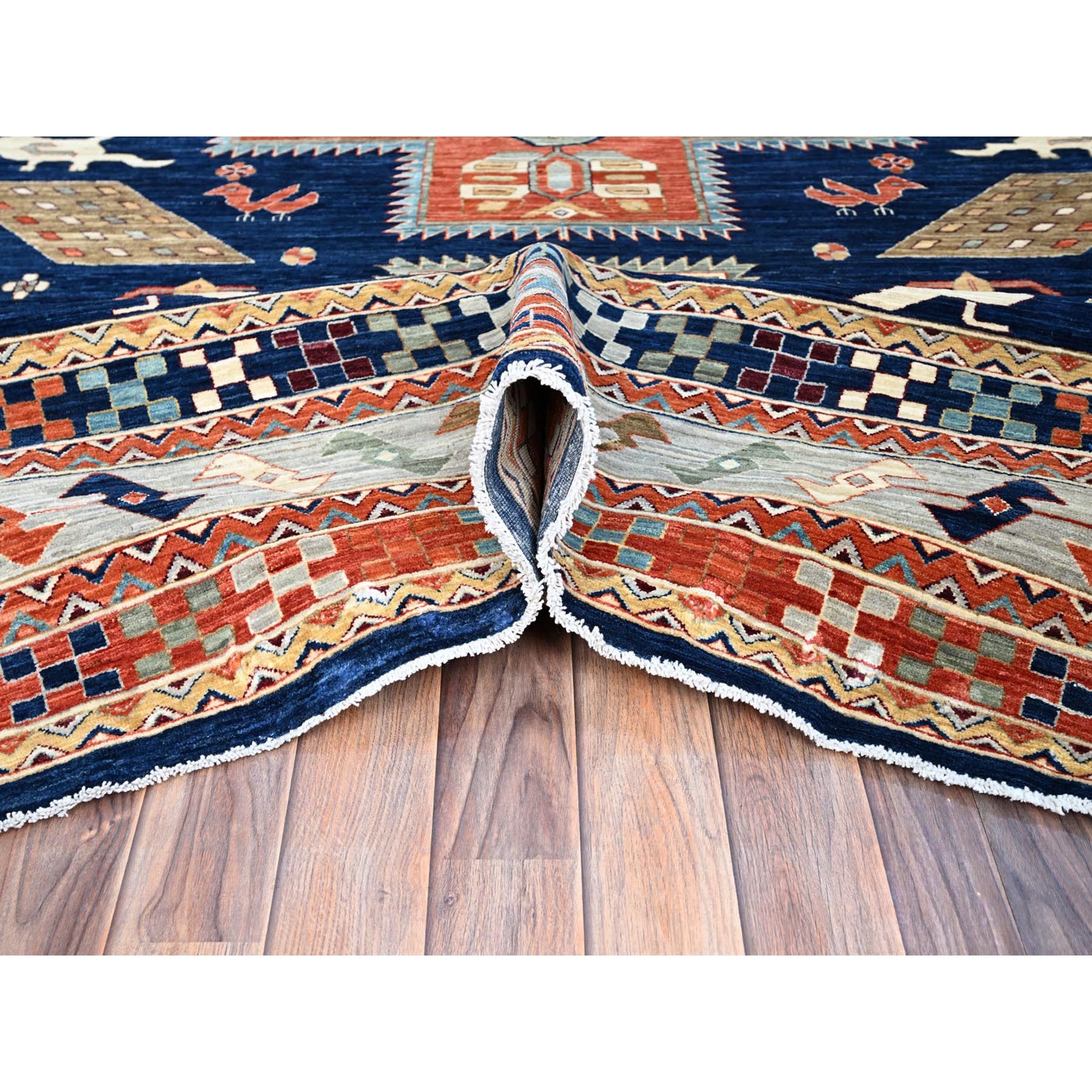 9'10"x13'7" Astros Navy Blue, Armenian Inspired Caucasian Design, 200 KPSI, Hand Knotted with Small Bird Figurines, Velvety Wool, Densely Woven Vegetable Dyes Oriental Rug HR144 - Image 6