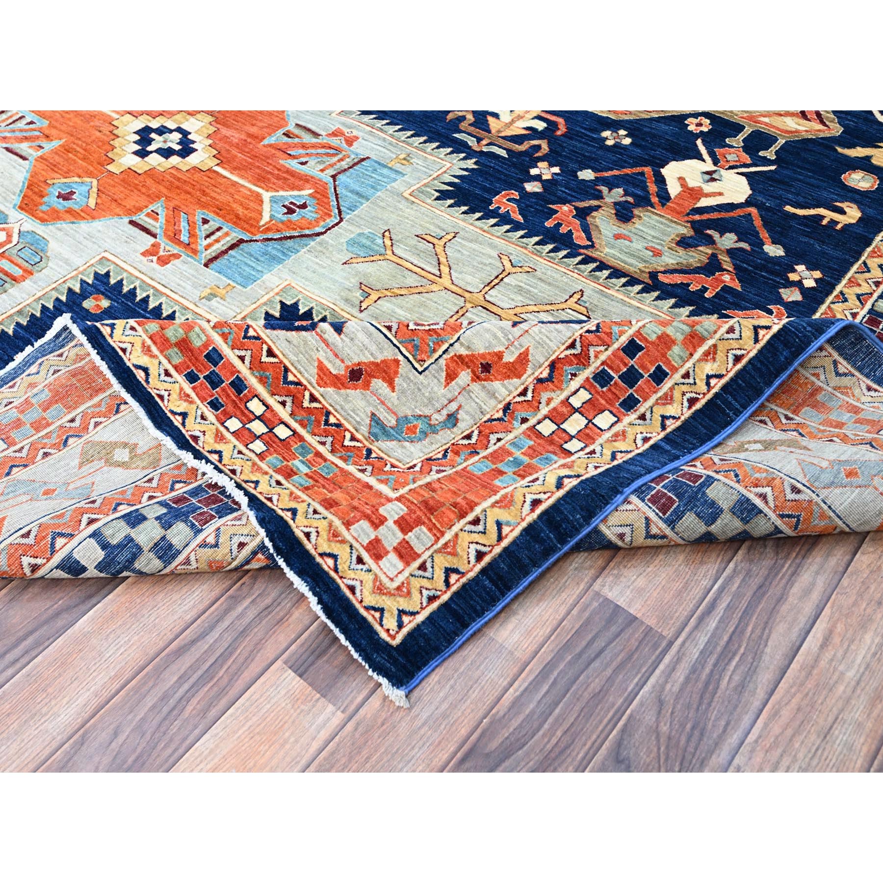 9'10"x13'7" Astros Navy Blue, Armenian Inspired Caucasian Design, 200 KPSI, Hand Knotted with Small Bird Figurines, Velvety Wool, Densely Woven Vegetable Dyes Oriental Rug HR144 - Image 7