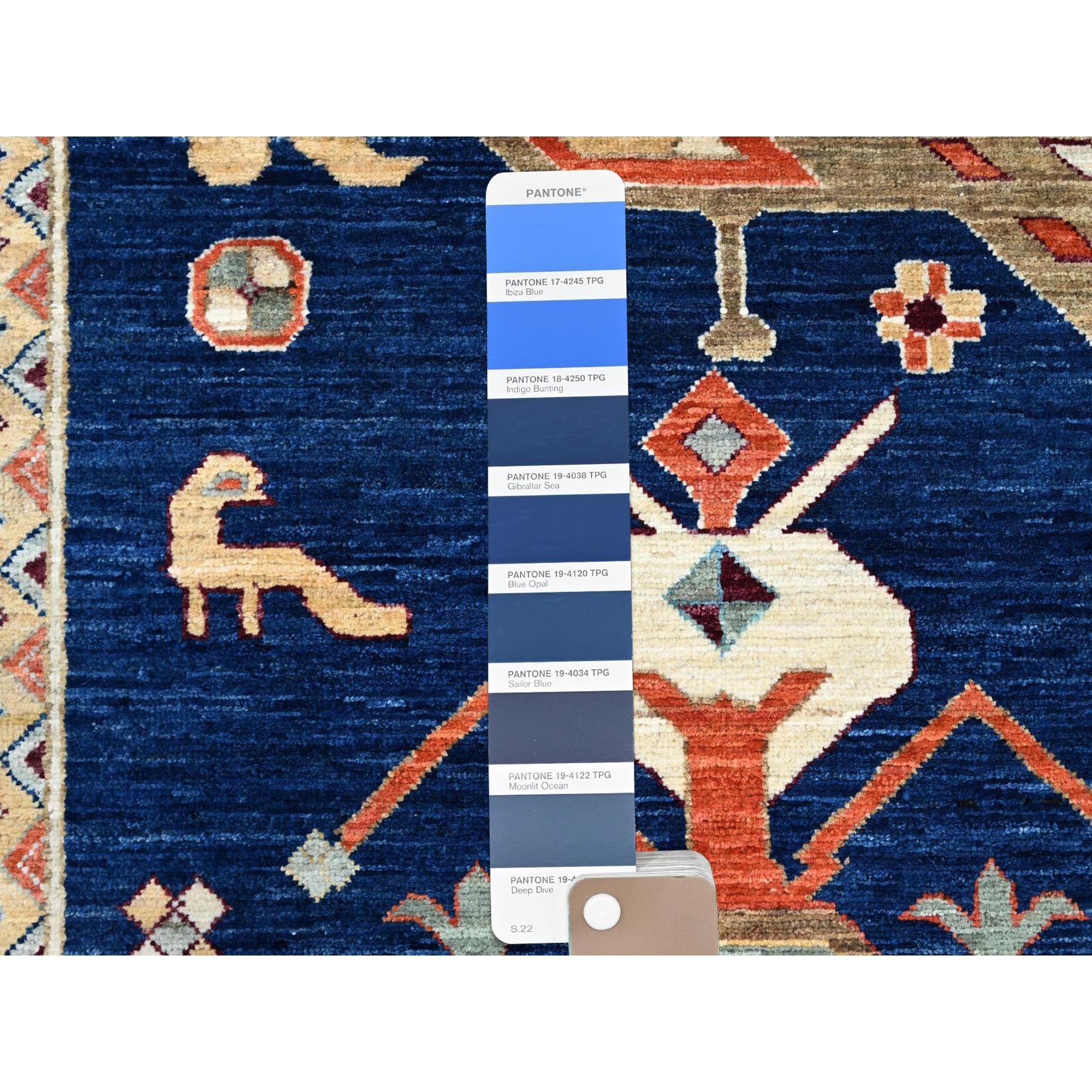 9'10"x13'7" Astros Navy Blue, Armenian Inspired Caucasian Design, 200 KPSI, Hand Knotted with Small Bird Figurines, Velvety Wool, Densely Woven Vegetable Dyes Oriental Rug HR144 - Image 8