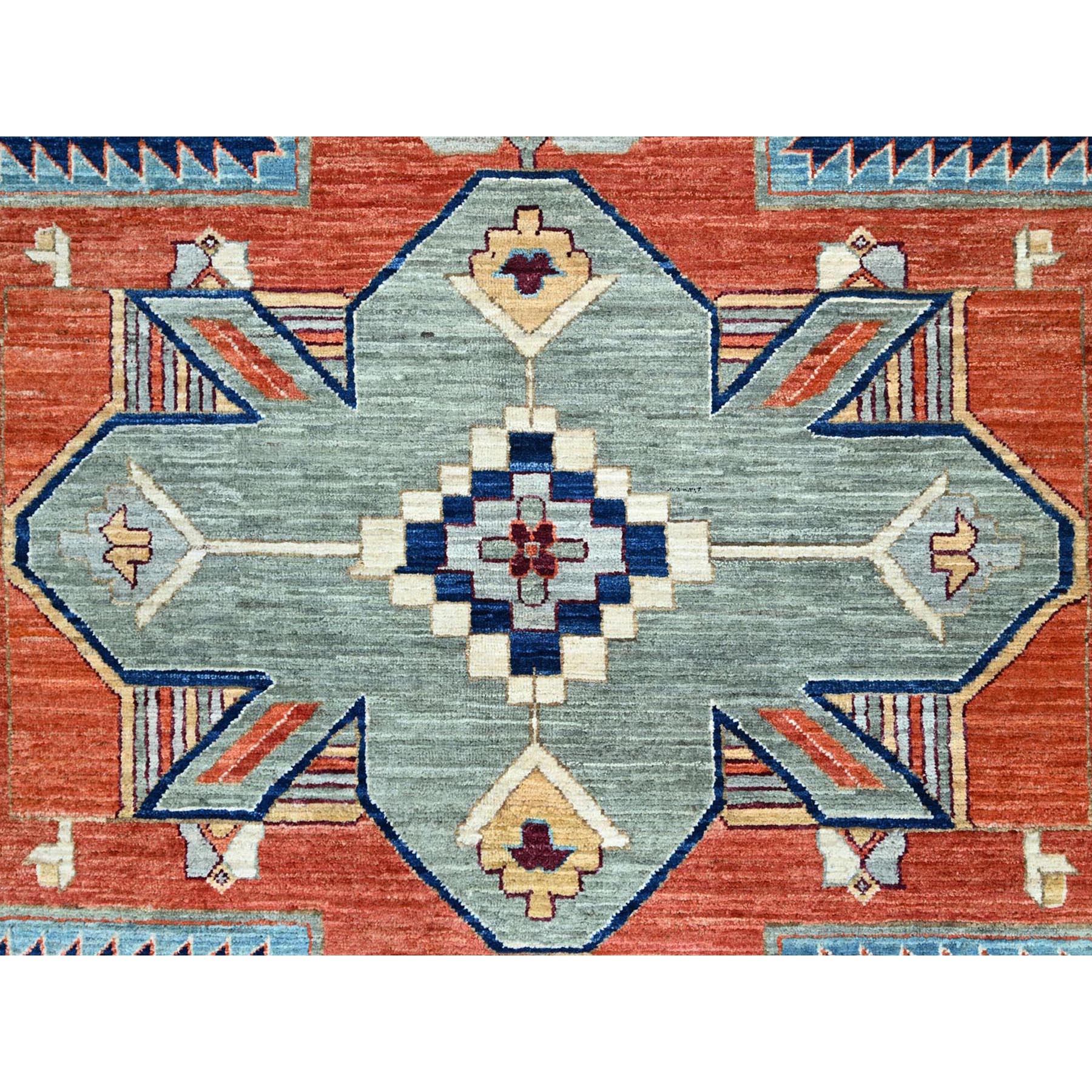 9'10"x13'7" Astros Navy Blue, Armenian Inspired Caucasian Design, 200 KPSI, Hand Knotted with Small Bird Figurines, Velvety Wool, Densely Woven Vegetable Dyes Oriental Rug HR144 - Image 9