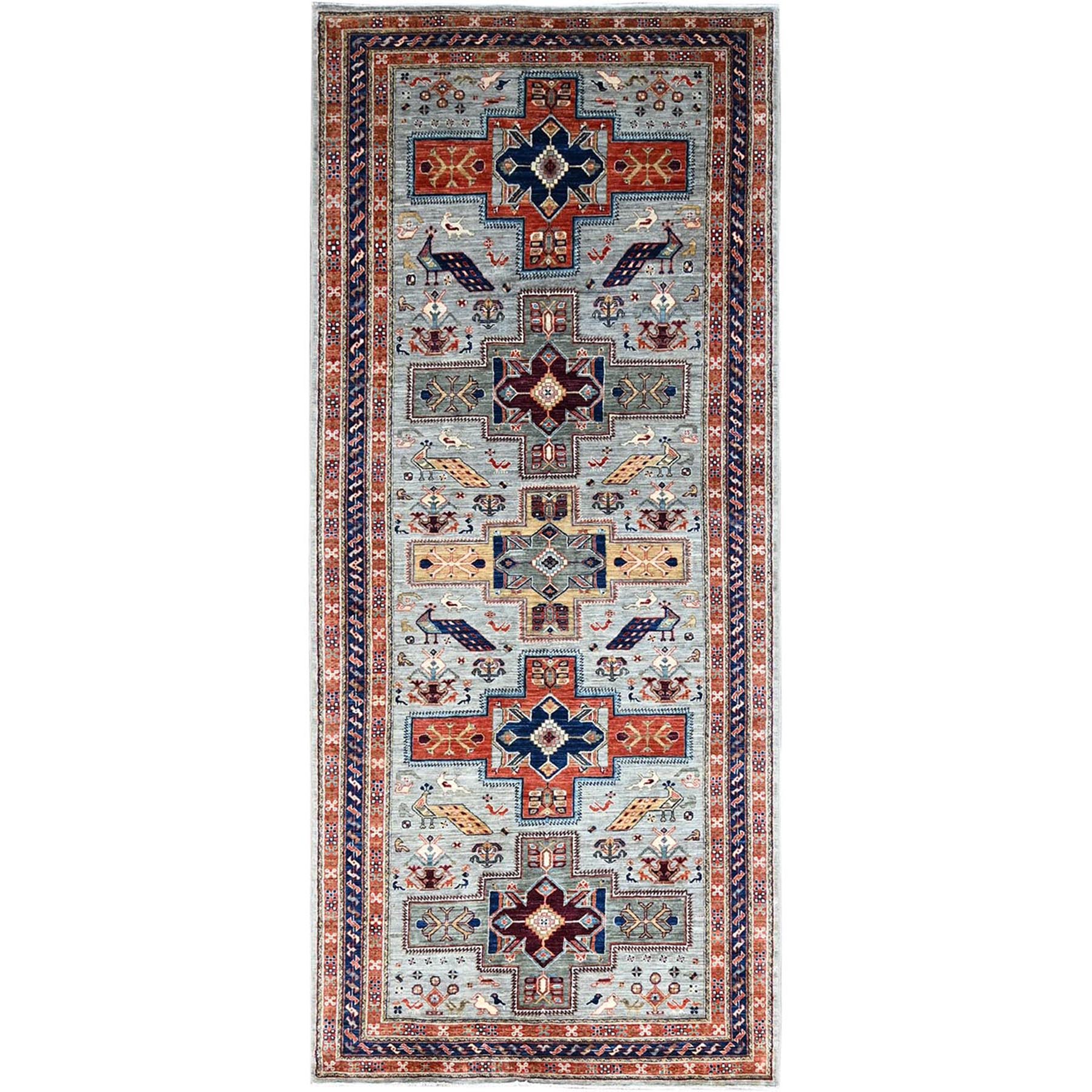4'1"x9'10" Misty Gray, Natural Dyes, Hand Knotted Densely Woven, Pure Wool, Armenian Inspired Caucasian Design, 200 KPSI, Runner Oriental Rug HR146