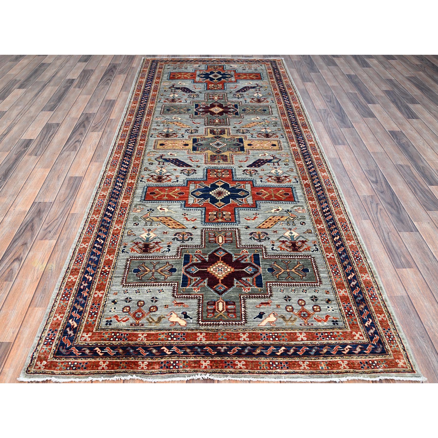 4'1"x9'10" Misty Gray, Natural Dyes, Hand Knotted Densely Woven, Pure Wool, Armenian Inspired Caucasian Design, 200 KPSI, Runner Oriental Rug HR146 - Image 2